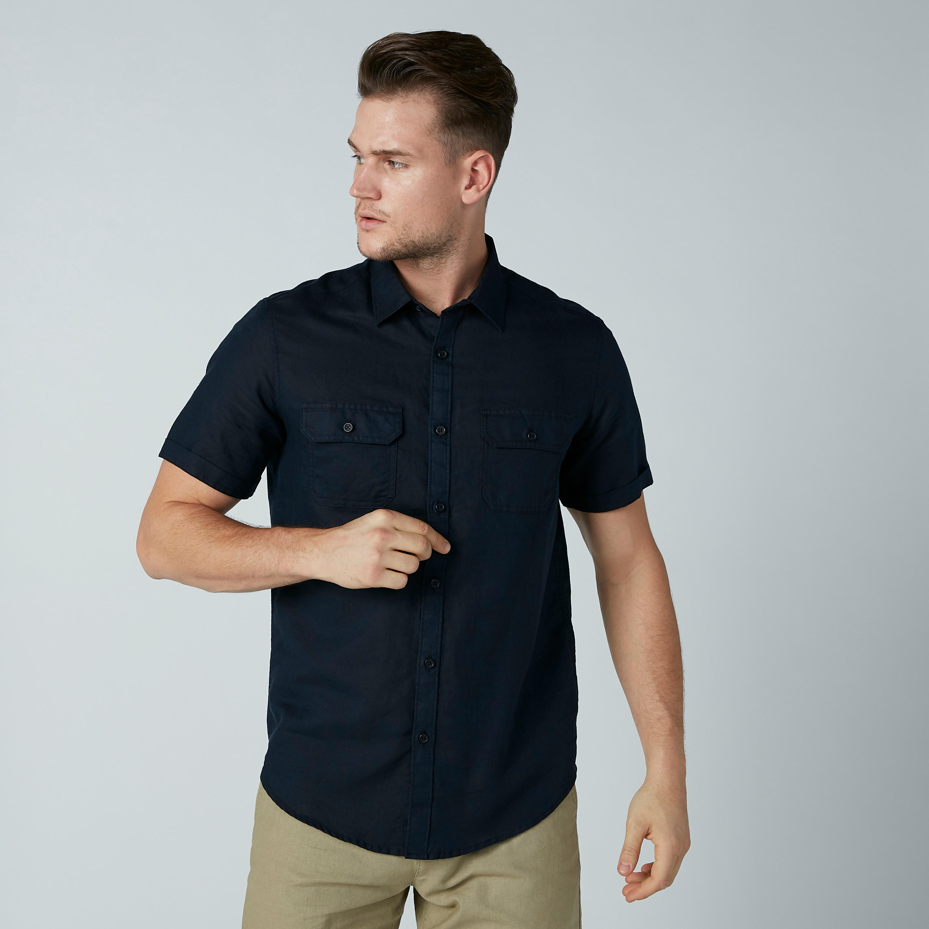 Solid Shirt with Spread Collar and Flap Pocket-men-clothing-shirts-image-2