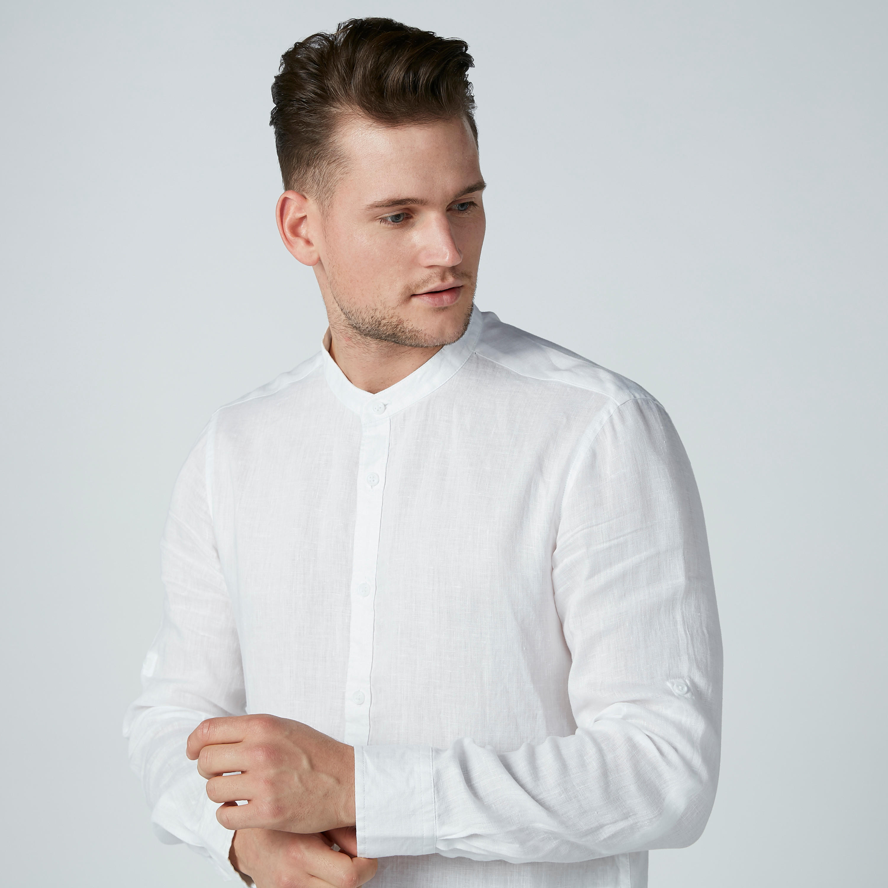 Solid Shirt with Mandarin Collar and Long Sleeves-men-clothing-shirts-image-2