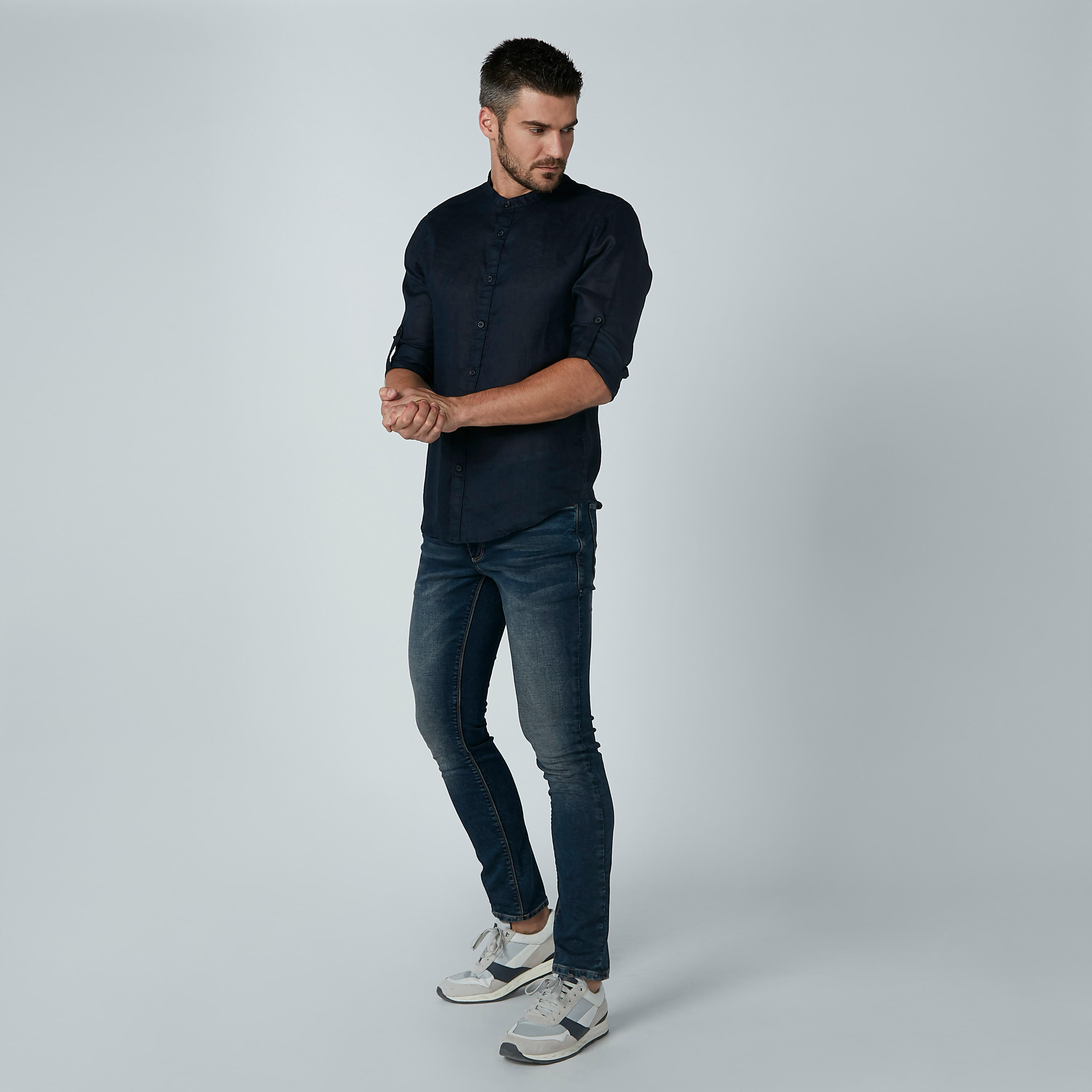 Long Sleeved Shirt with Mandarin Collar and Complete Placket-men-clothing-shirts-image-1