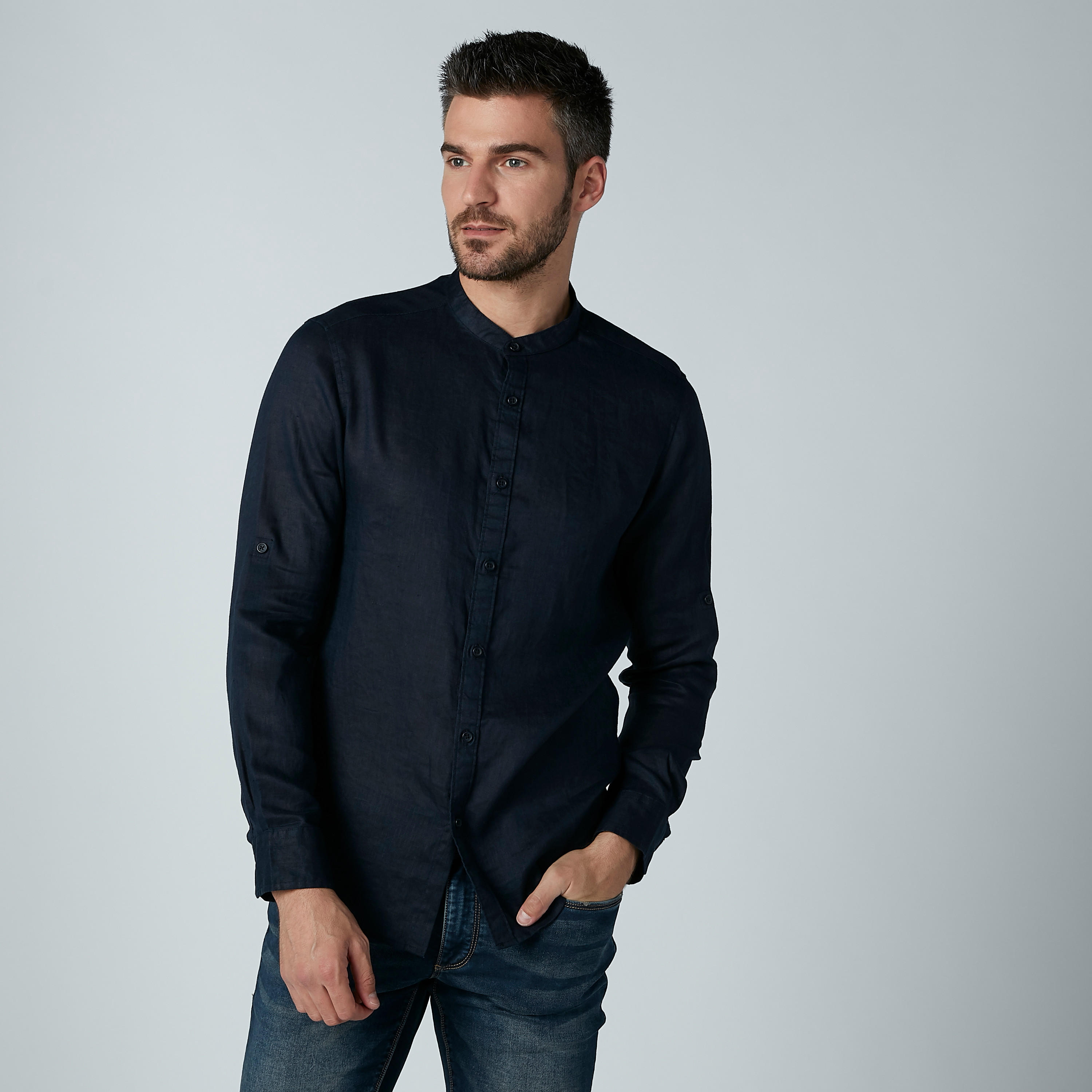Long Sleeved Shirt with Mandarin Collar and Complete Placket-men-clothing-shirts-image-2