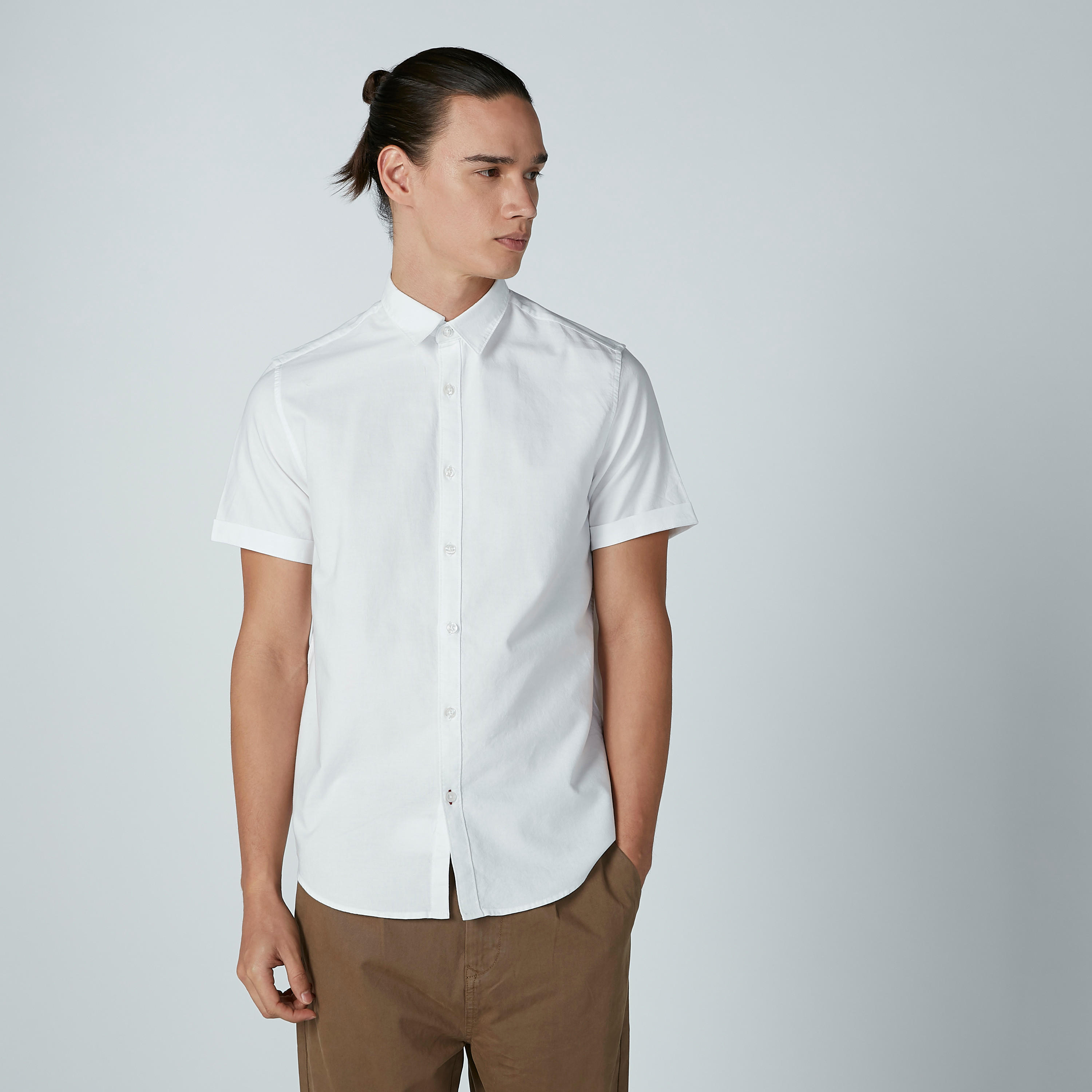 Solid Shirt with Short Sleeves and Spread Collar-men-clothing-shirts-image-2