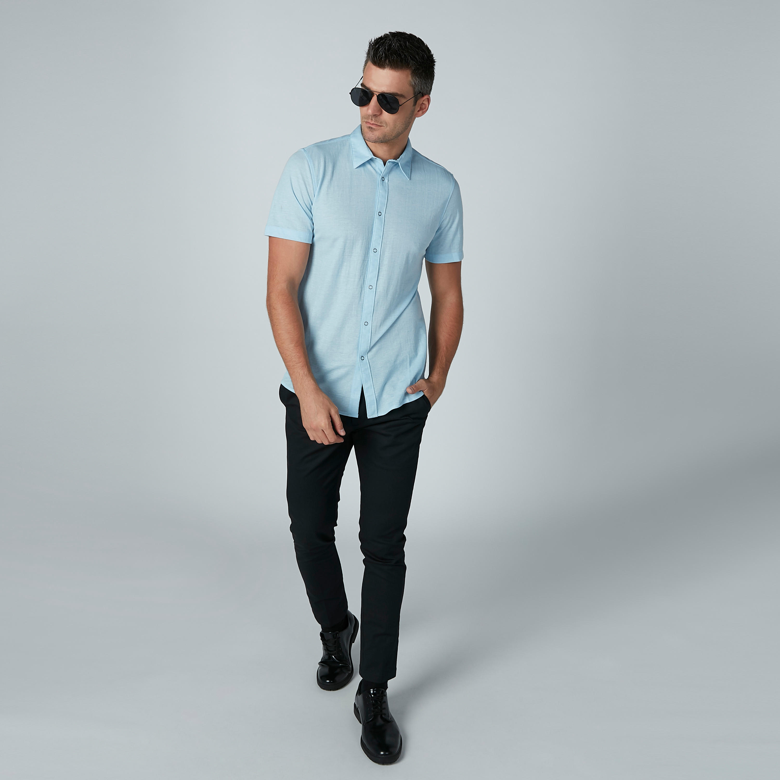Short Sleeved Plain Shirt with Complete Placket-men-clothing-shirts-image-1