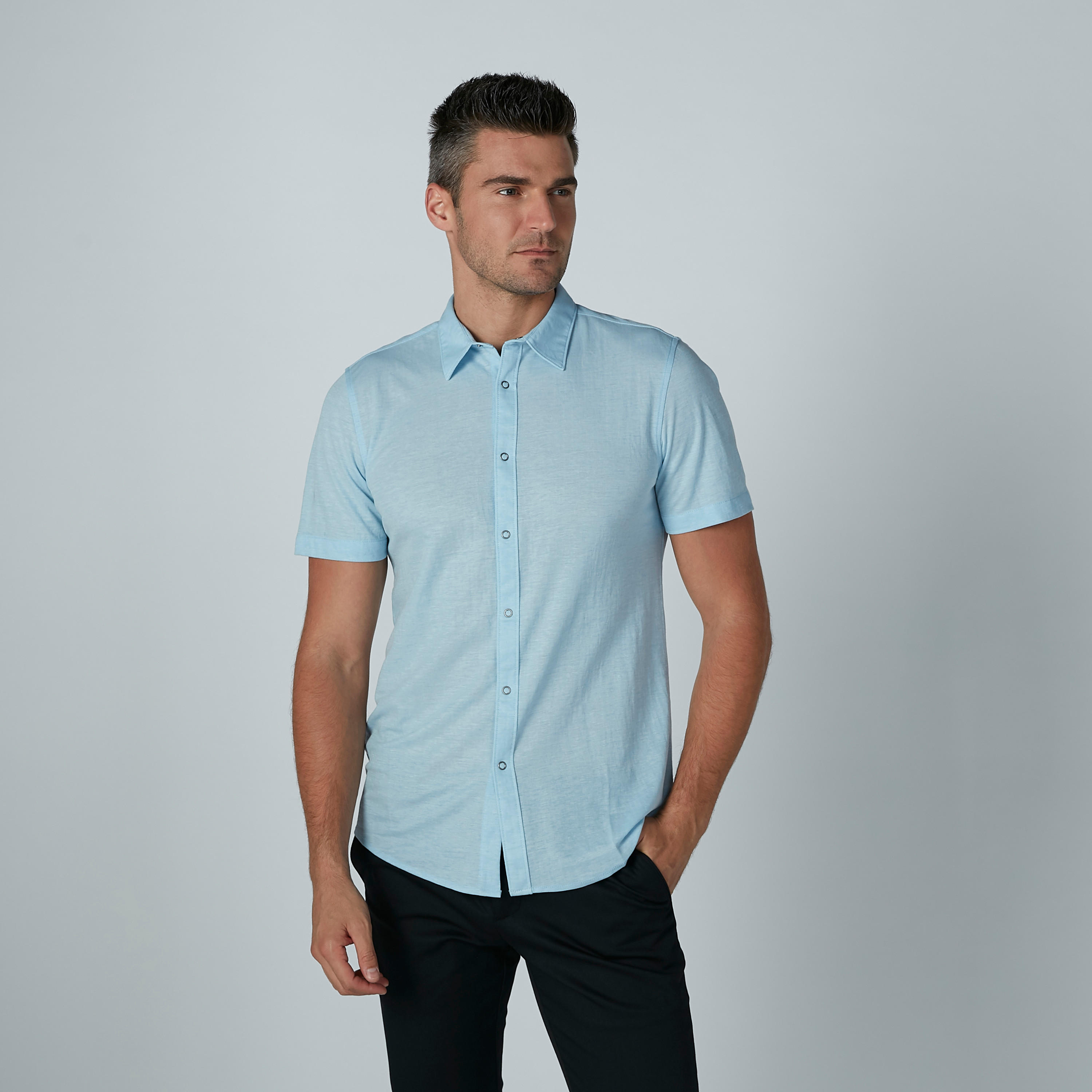 Short Sleeved Plain Shirt with Complete Placket-men-clothing-shirts-image-3