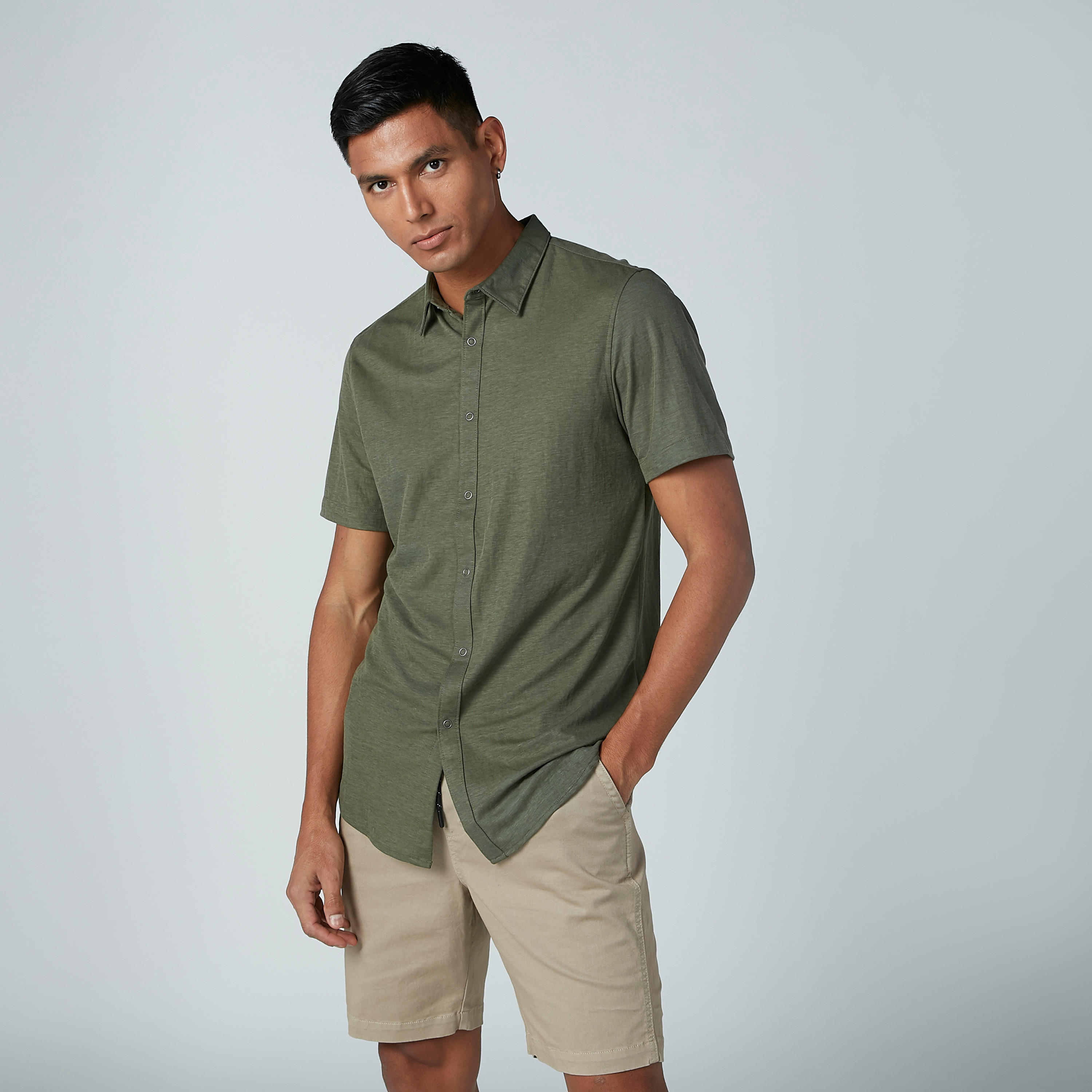 Solid Shirt with Short Sleeves and Spread Collar-men-clothing-shirts-image-2