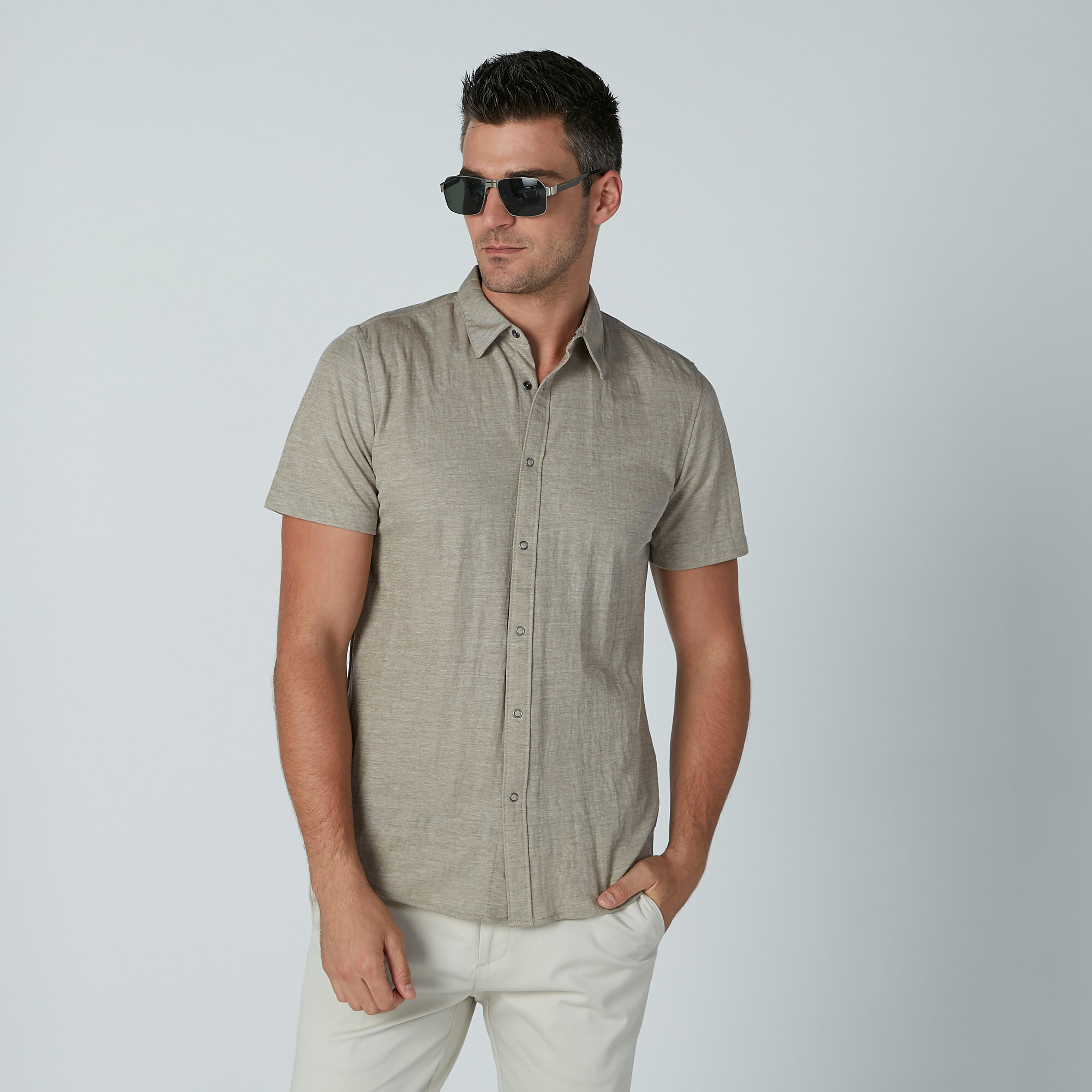 Solid Shirt with Short Sleeves and Spread Collar-men-clothing-shirts-image-1