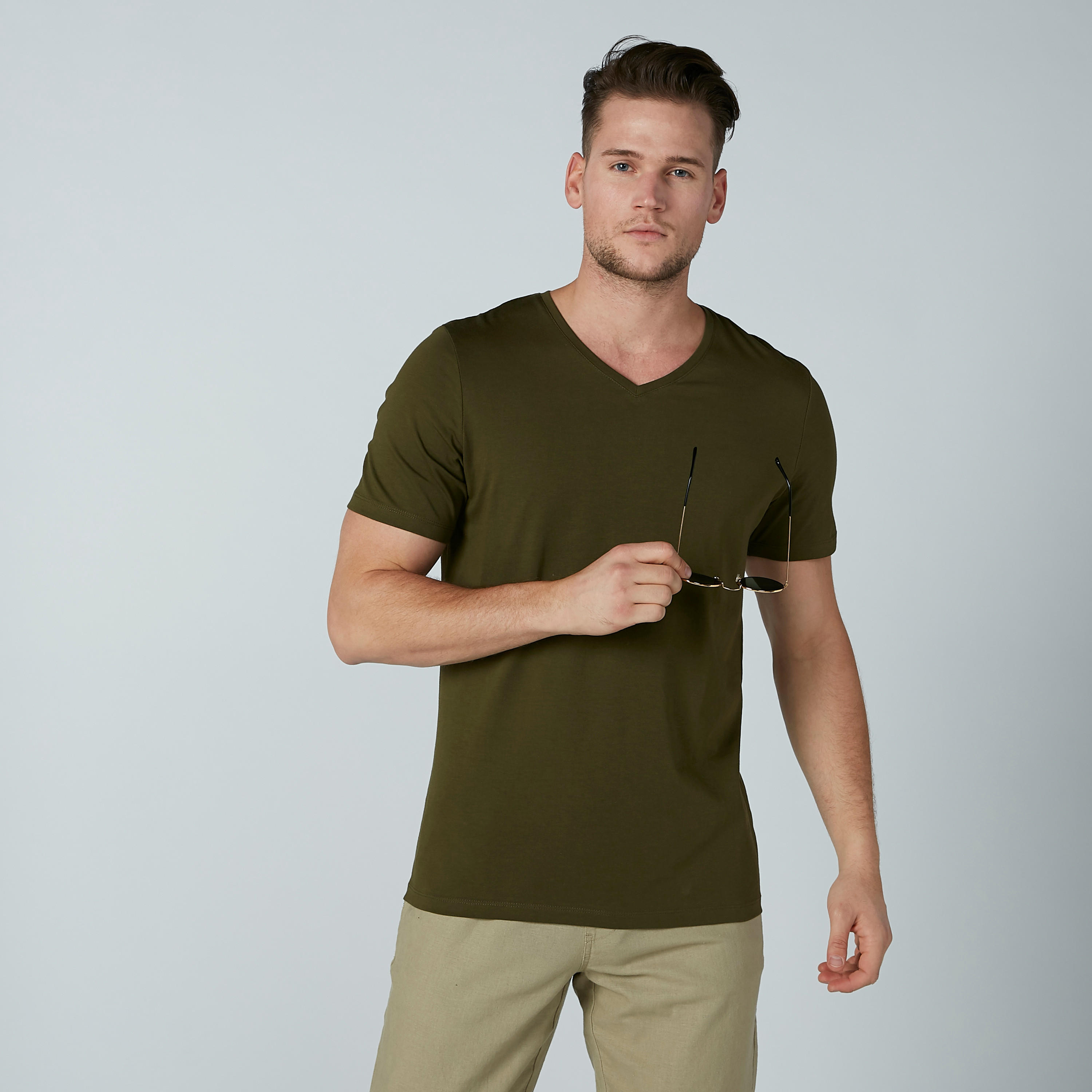 Solid T-Shirt with V-neck and Short Sleeves-men-clothing-tshirtsandpolos-tshirts-image-4