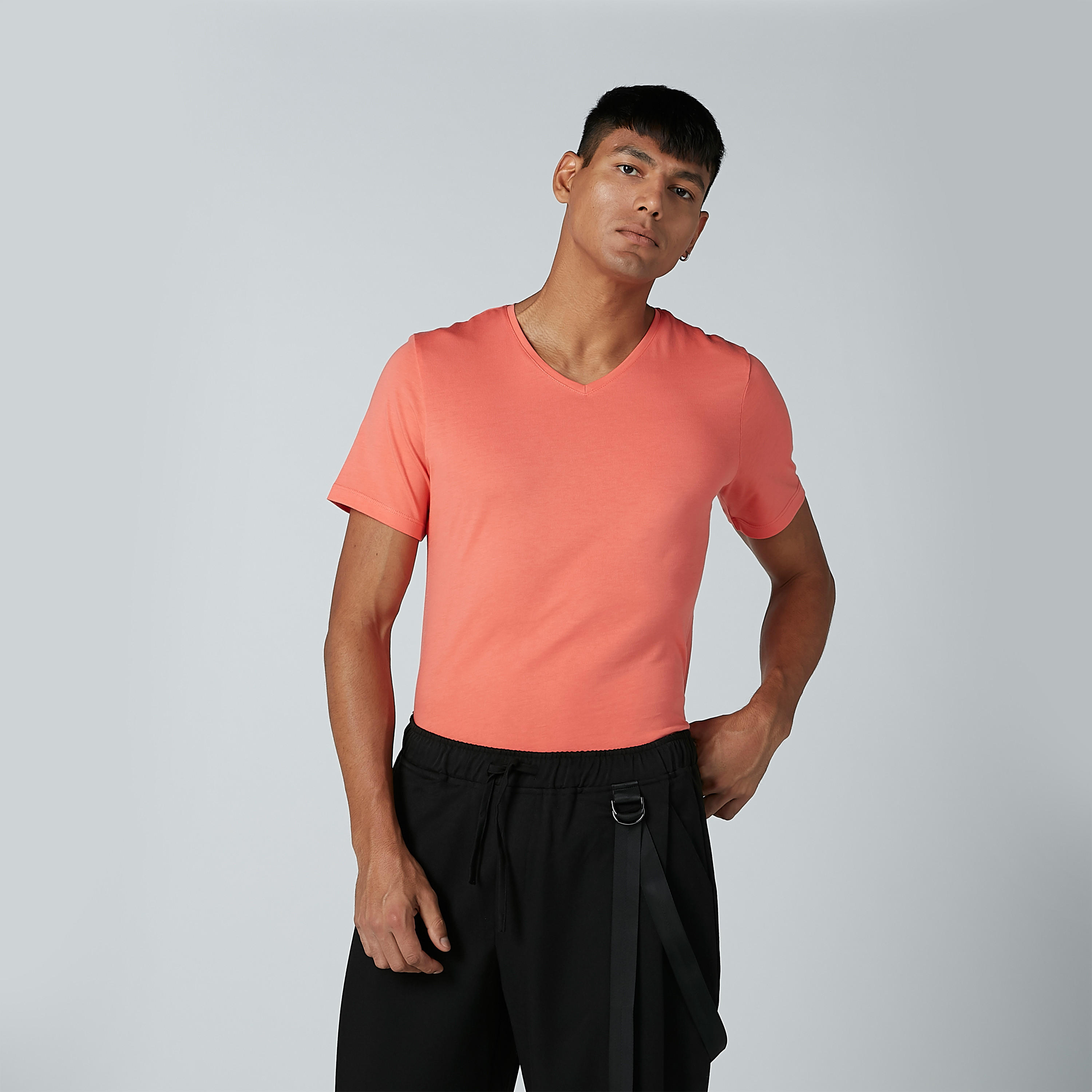 Plain T-shirt with V-neck and Short Sleeves-men-clothing-tshirtsandpolos-tshirts-image-1