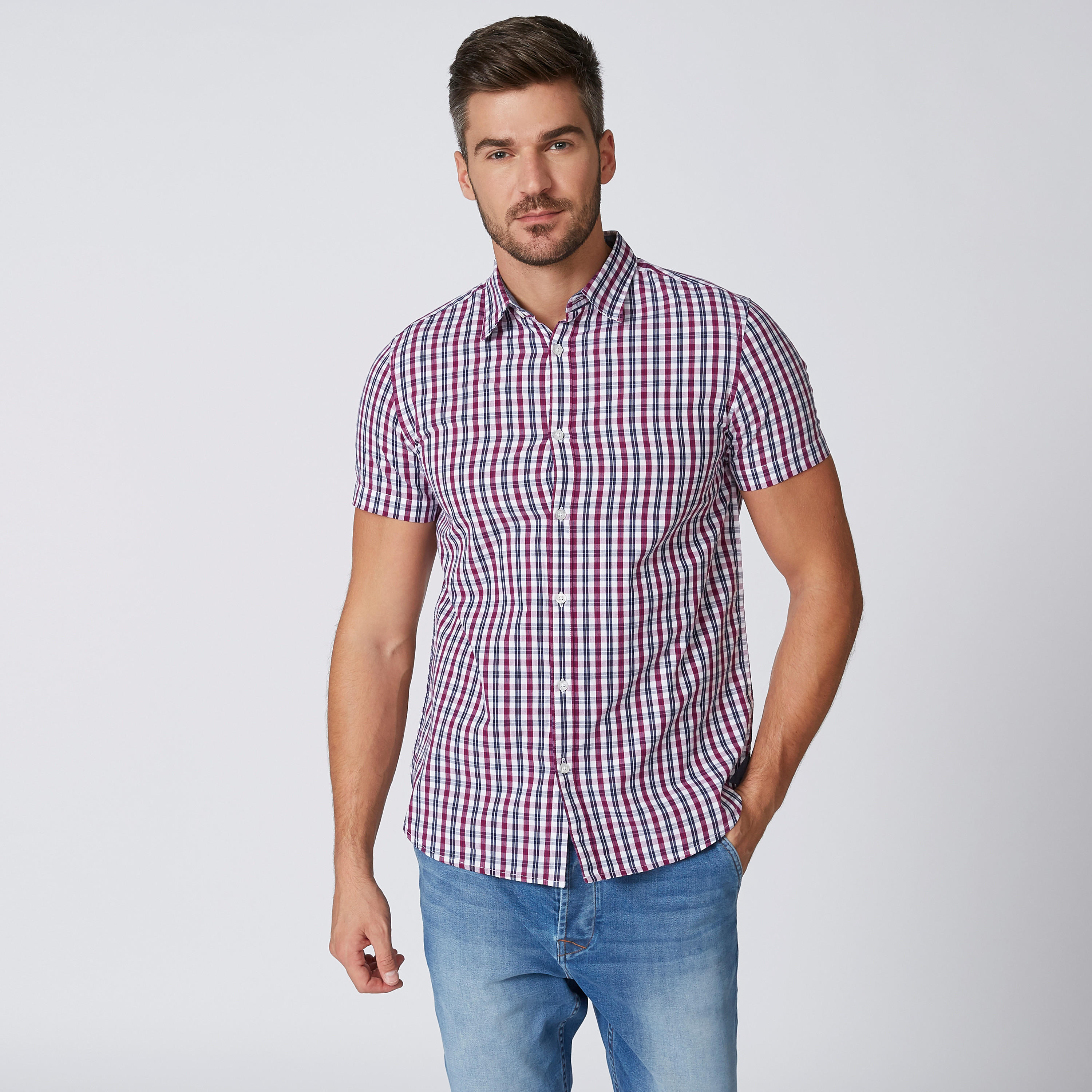قميص مستدام كاروهات بقصّة سليم وأكمام قصيرة -men-clothing-shirts-image-1