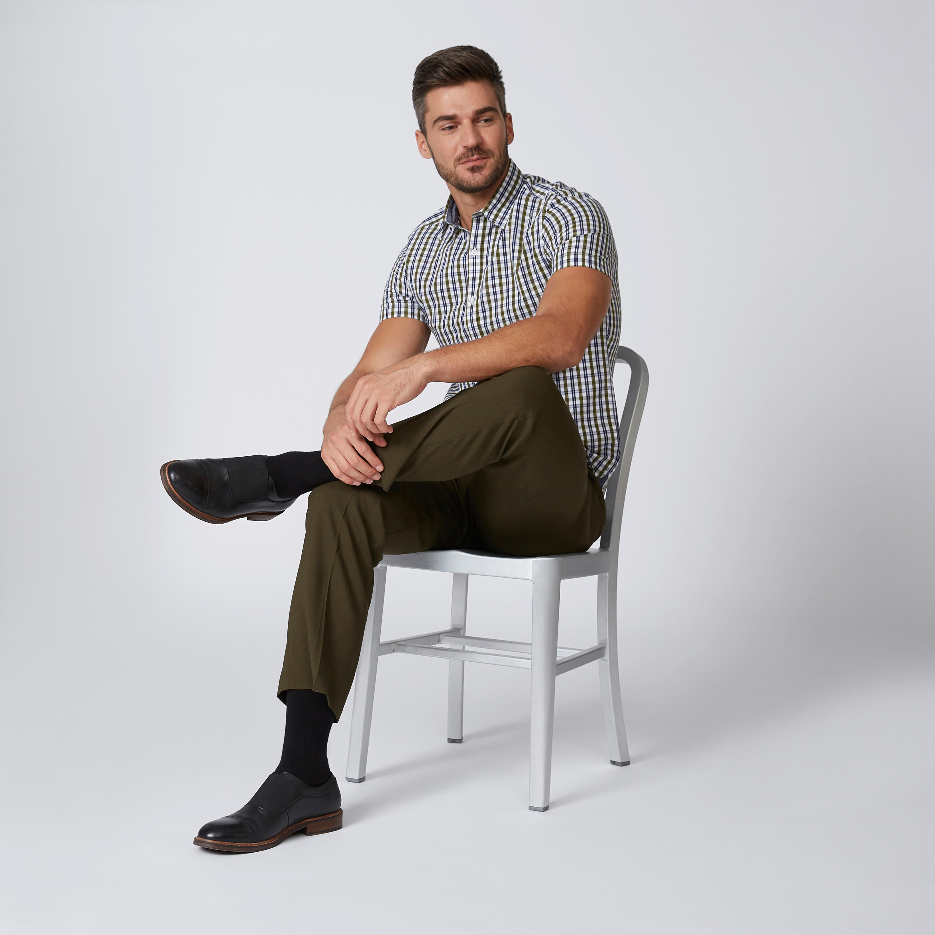 قميص مستدامة كاروهات سليم بأكمام قصيرة -men-clothing-shirts-image-1