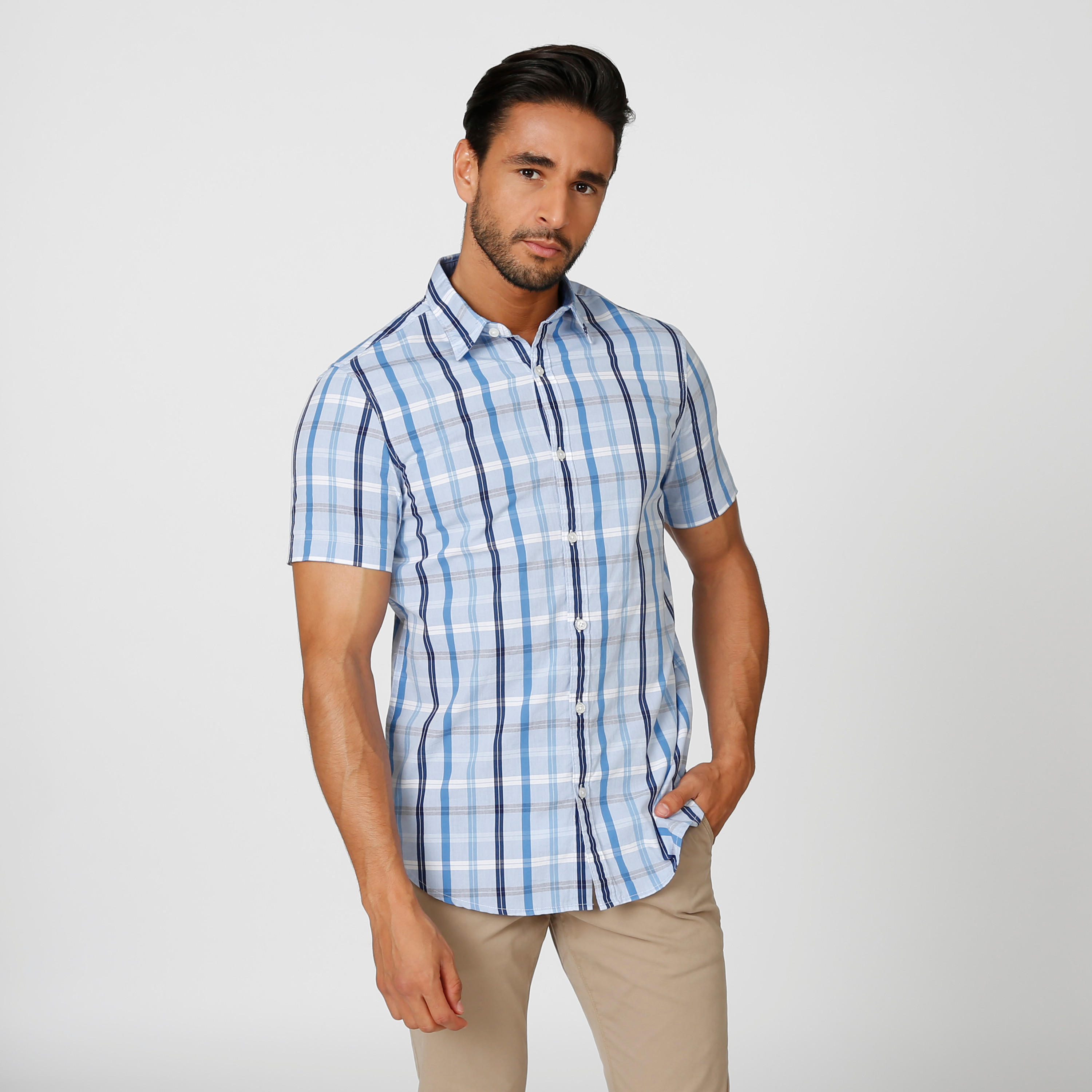 قميص مستدام كاروهات سليم بأكمام قصيرة -men-clothing-shirts-image-1