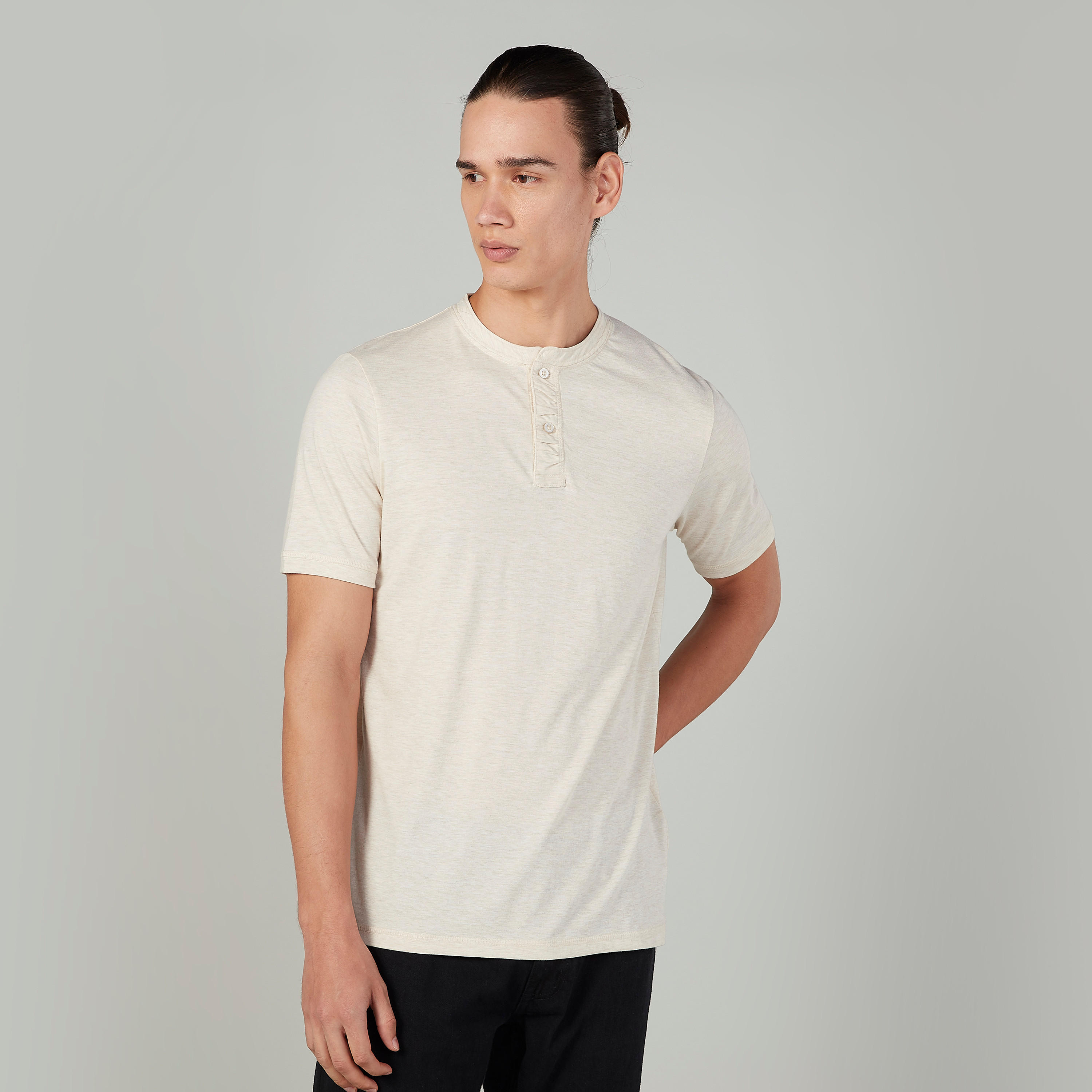 Textured T-shirt with Henley Neck and Short Sleeves-men-clothing-tshirtsandpolos-tshirts-image-1
