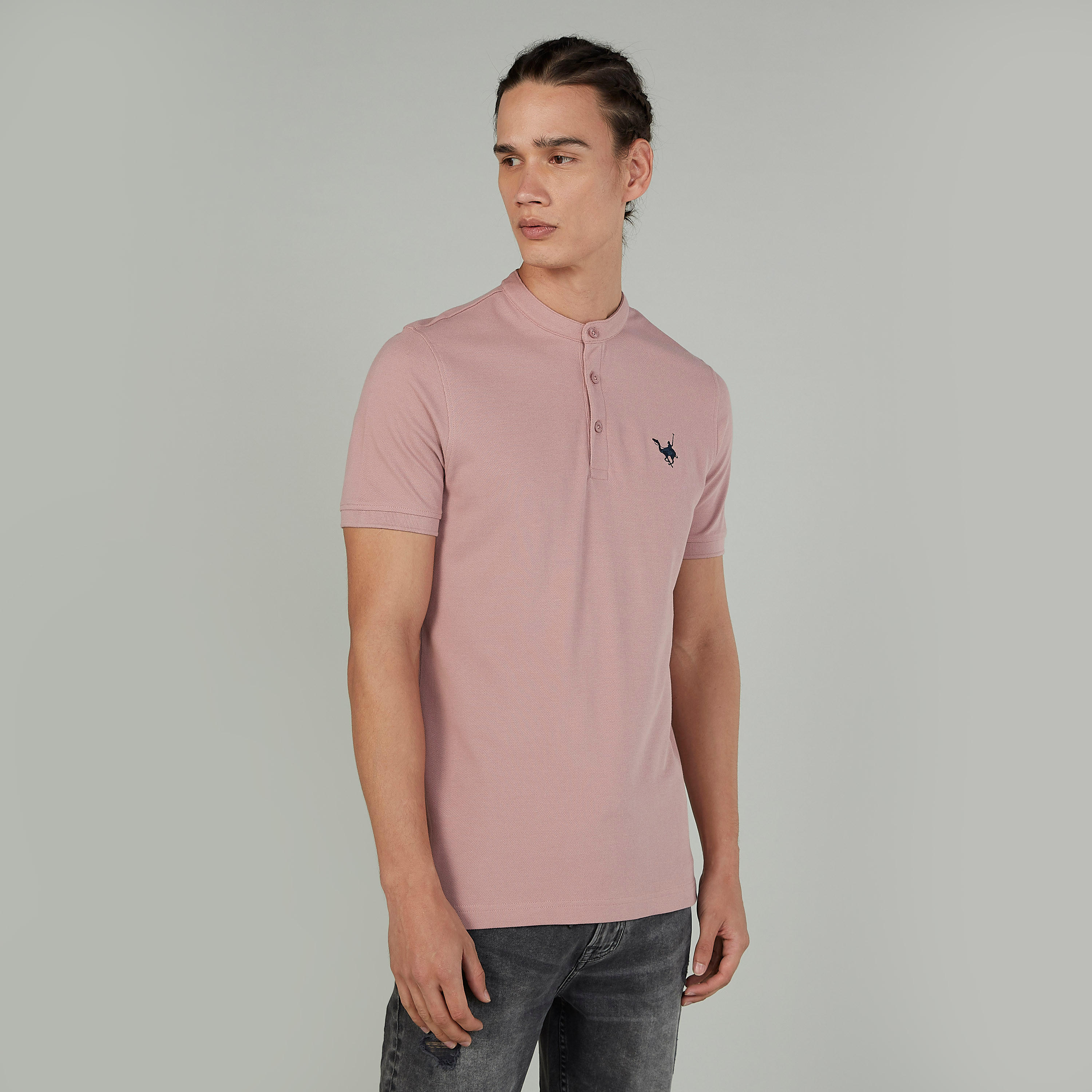 Plain Polo T-shirt with Mandarin Collar and Short Sleeves-men-clothing-tshirtsandpolos-polos-image-1