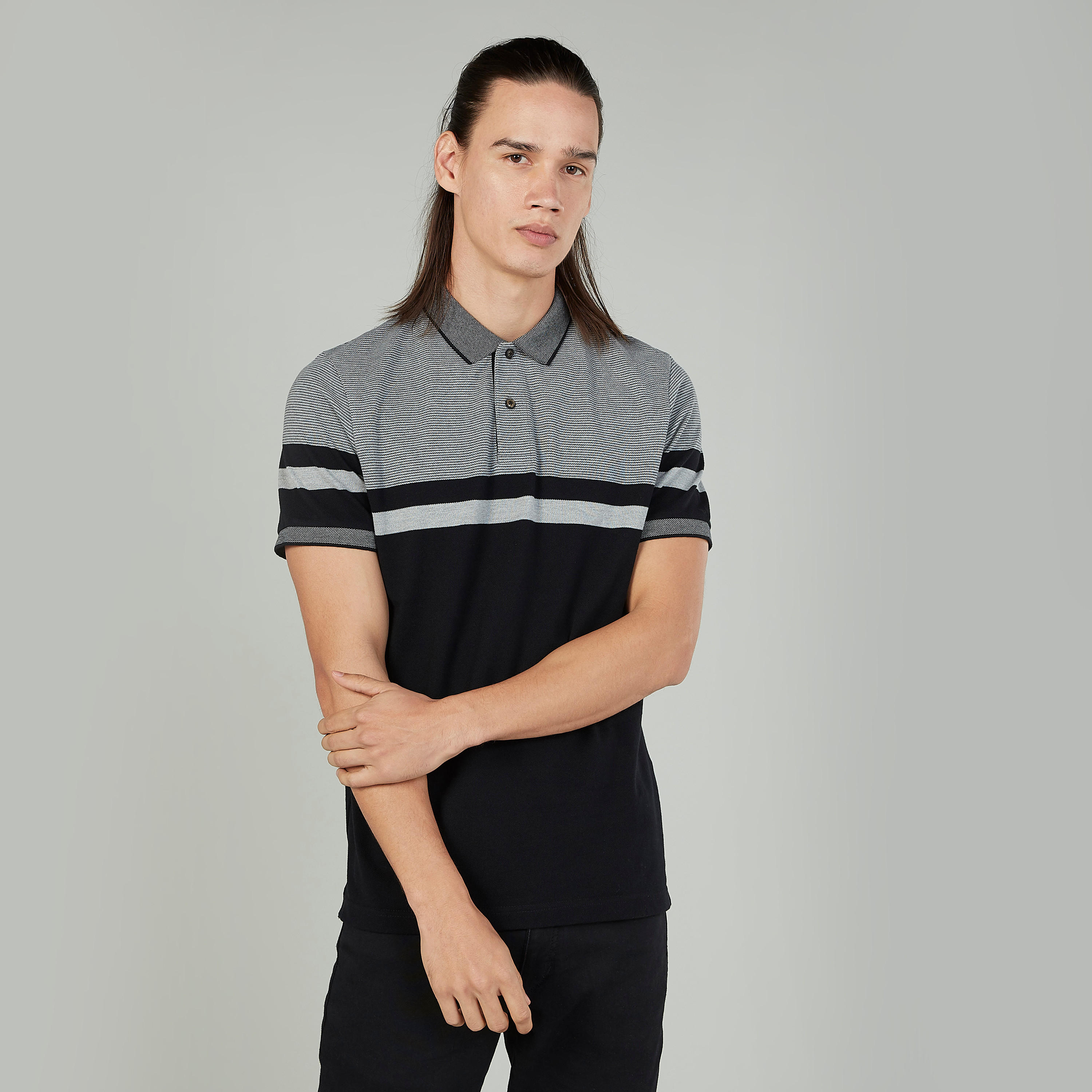Sustainable Striped T-shirt with Polo Neck and Short Sleeves-men-clothing-tshirtsandpolos-polos-image-1