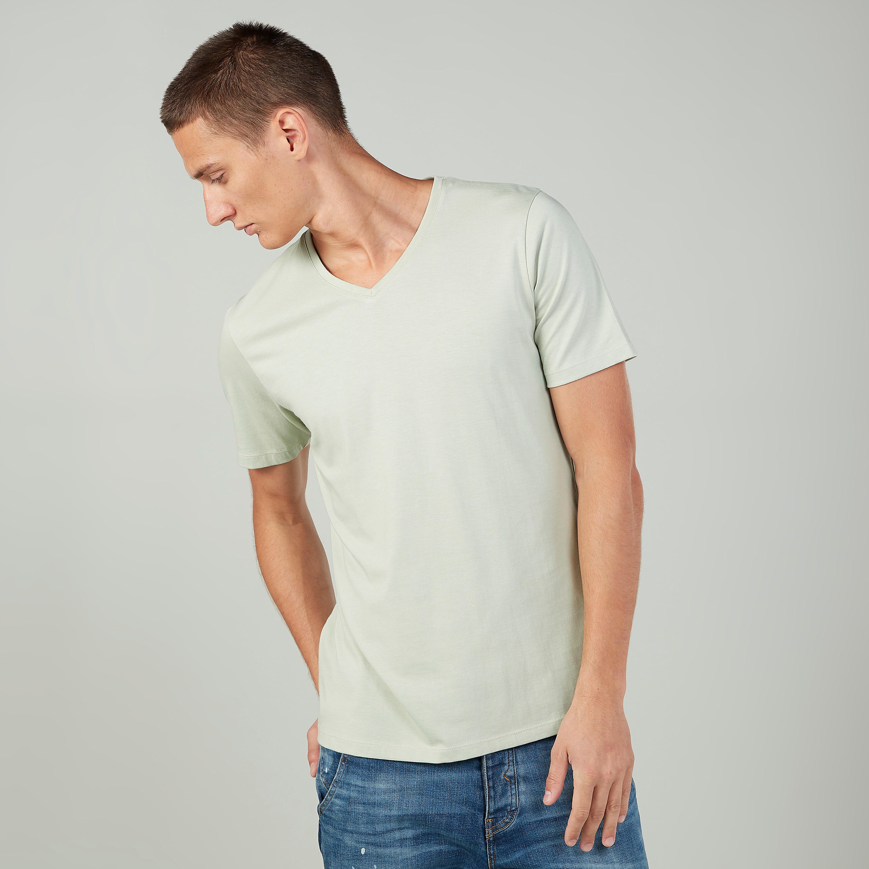 Solid V-Neck T-shirt with Short Sleeves-men-clothing-tshirtsandpolos-tshirts-image-1