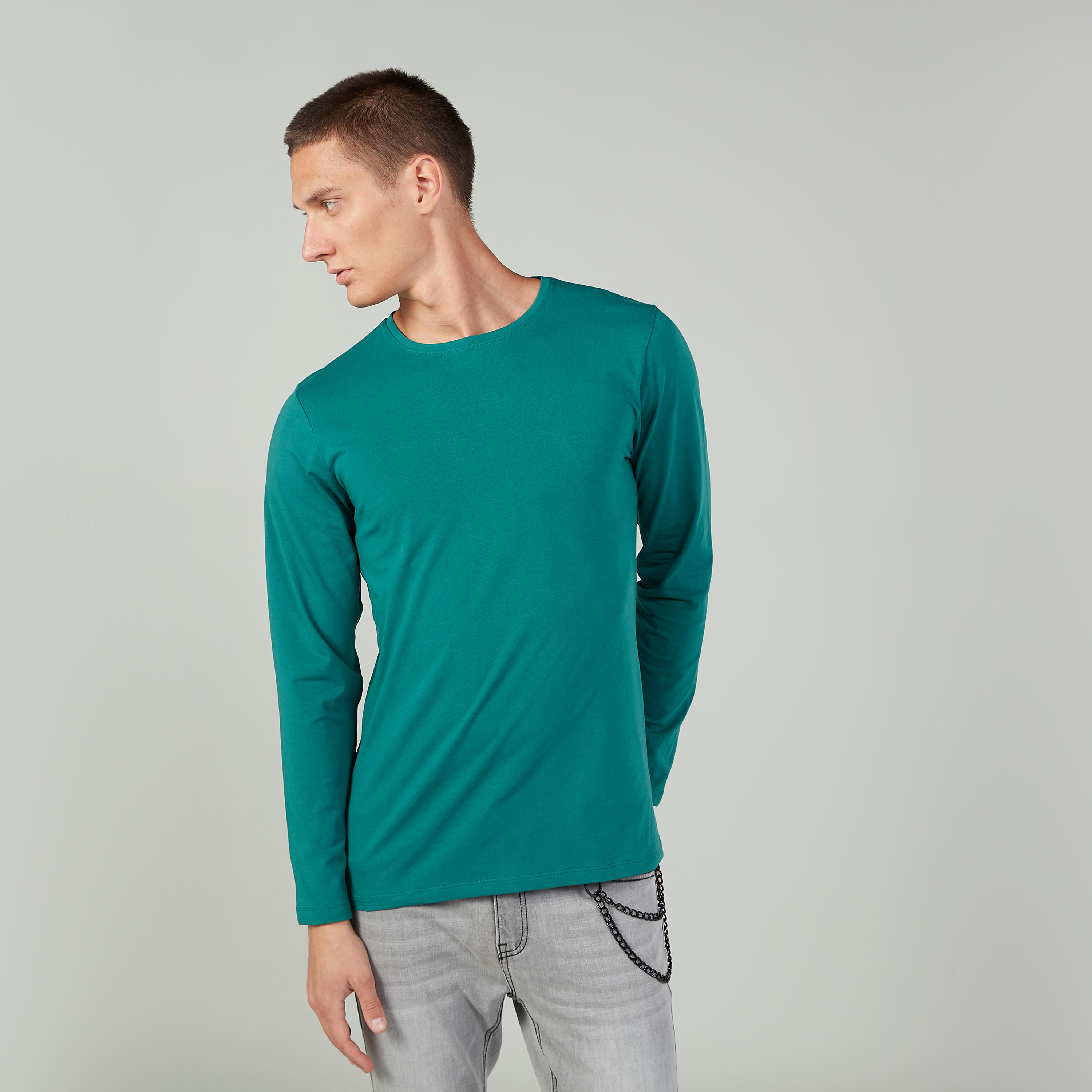 Plain T-shirt with Round Neck and Long Sleeves-men-clothing-tshirtsandpolos-tshirts-image-1