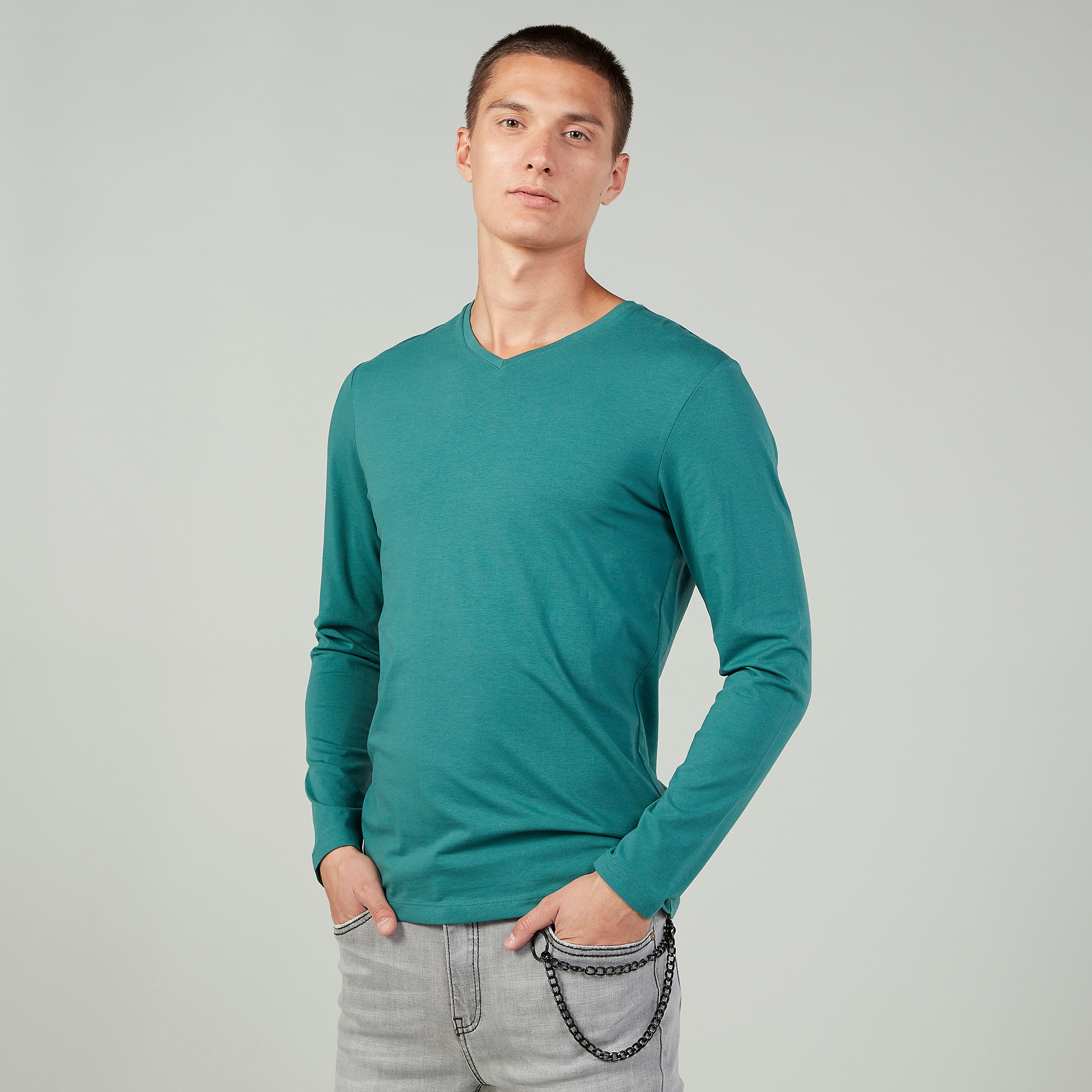 Plain T-shirt with V-neck and Long Sleeves-men-clothing-tshirtsandpolos-tshirts-image-1