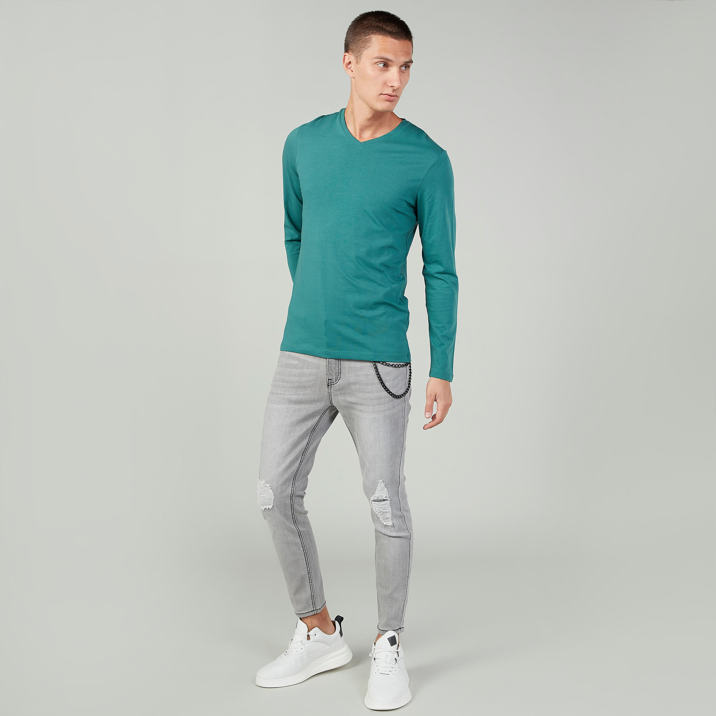 Plain T-shirt with V-neck and Long Sleeves-men-clothing-tshirtsandpolos-tshirts-image-2