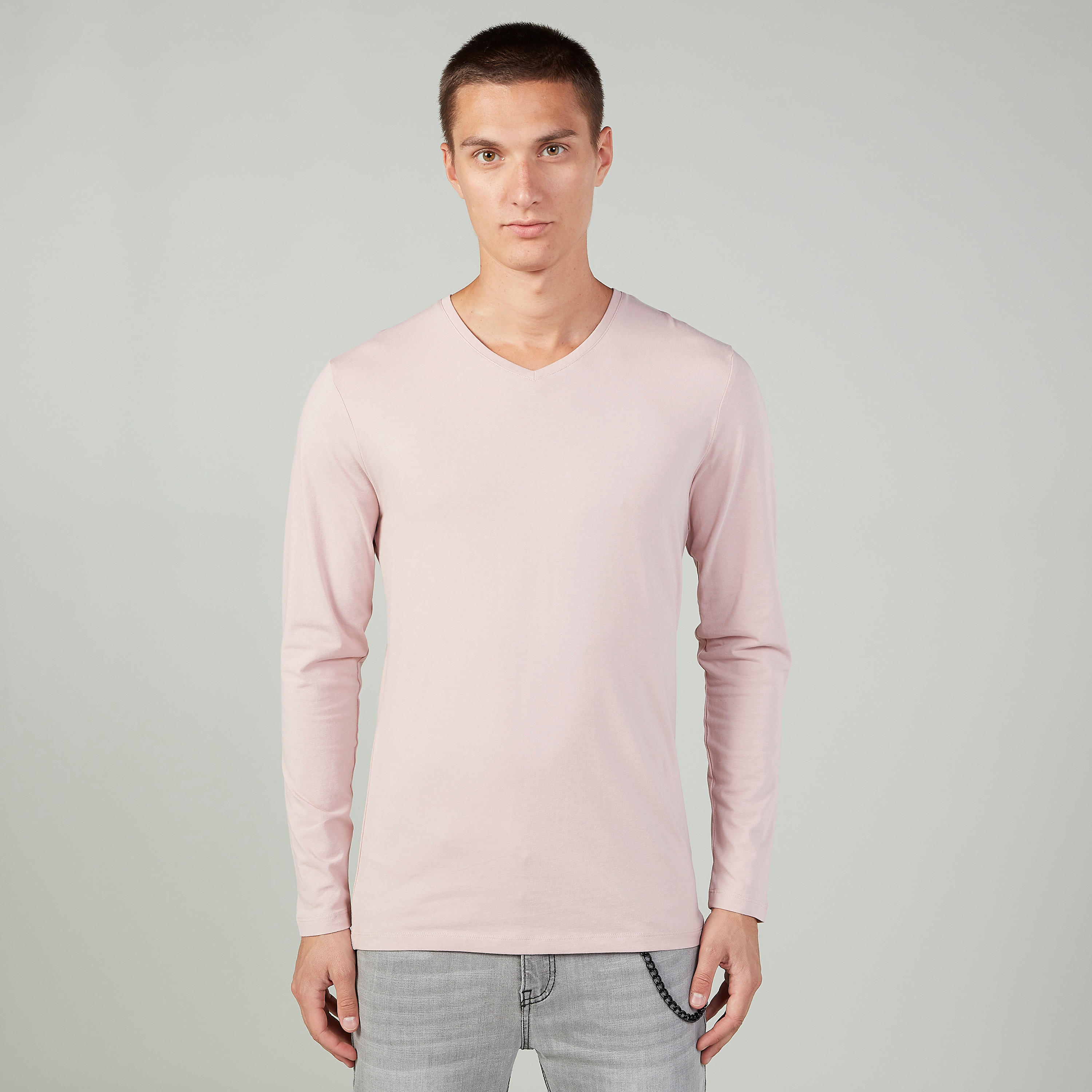 Plain T-shirt with V-neck and Long Sleeves-men-clothing-tshirtsandpolos-tshirts-image-1
