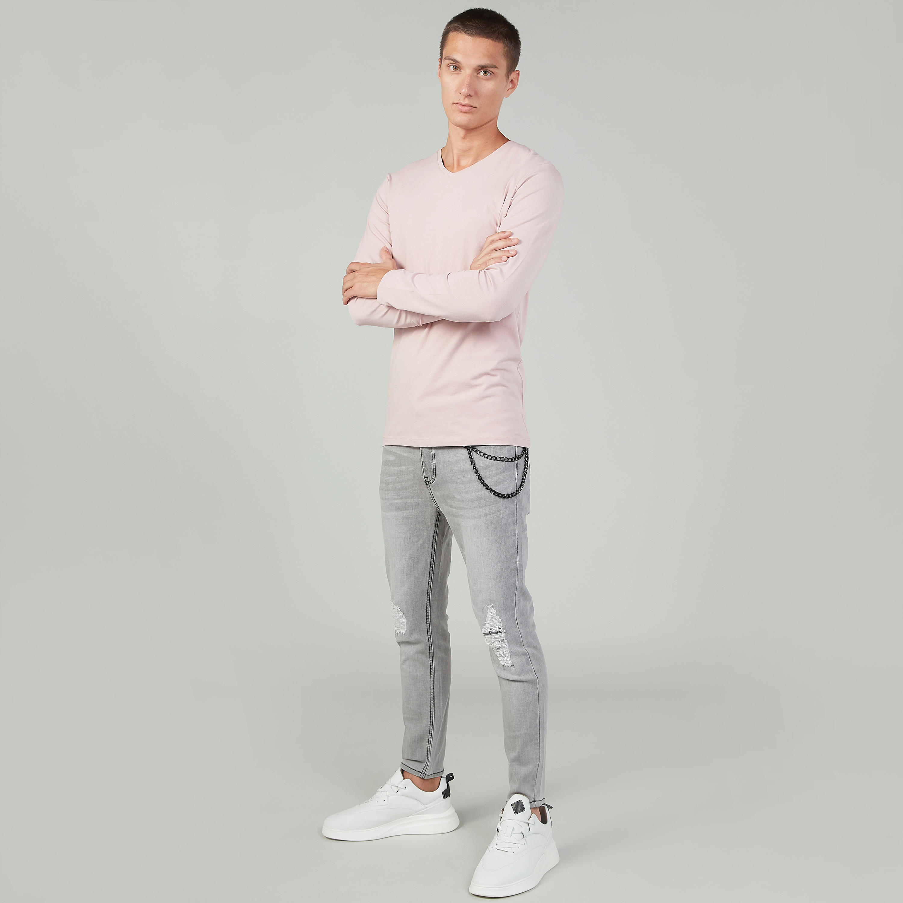 Plain T-shirt with V-neck and Long Sleeves-men-clothing-tshirtsandpolos-tshirts-image-2