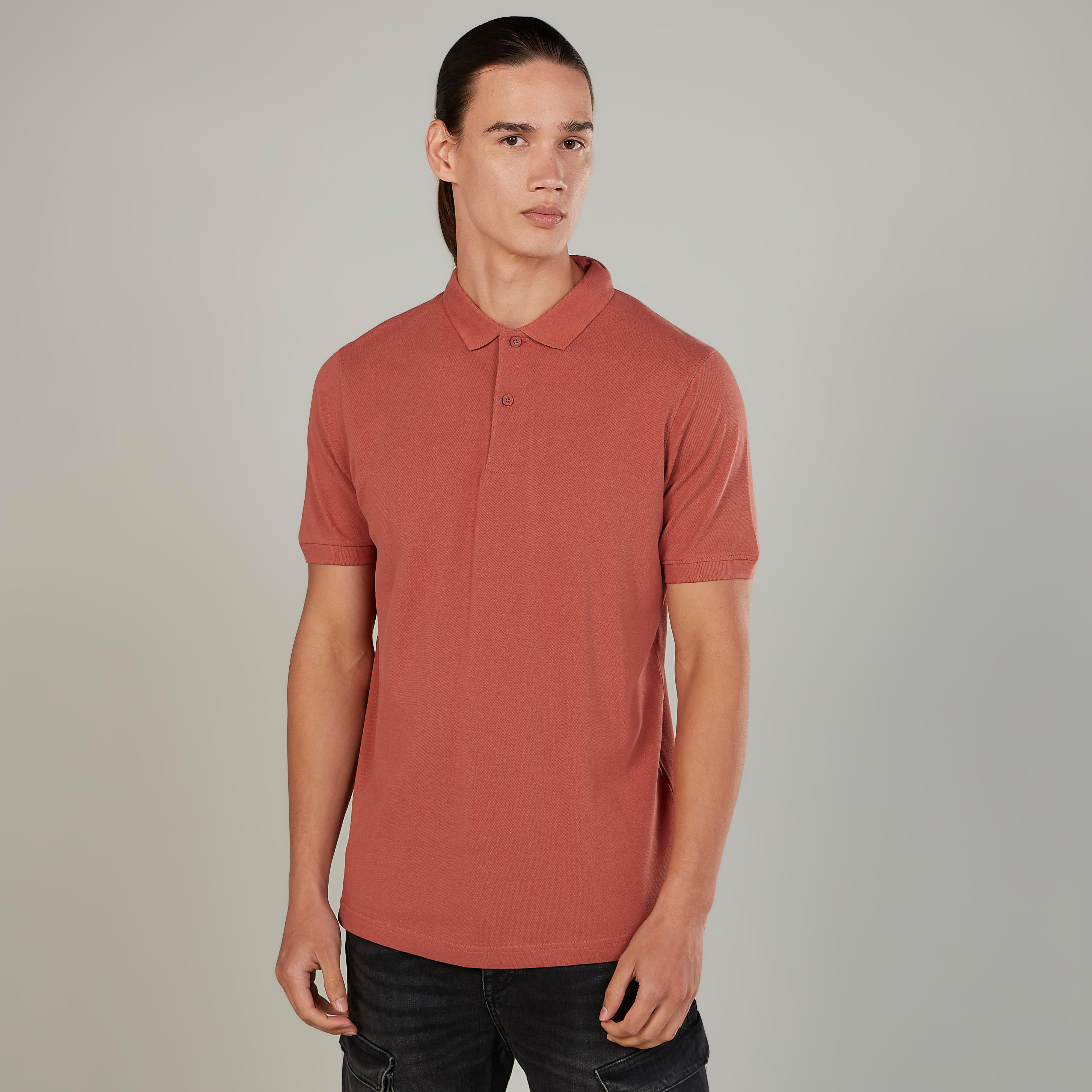 Solid T-shirt with Polo Neck and Short Sleeves-men-clothing-tshirtsandpolos-polos-image-1