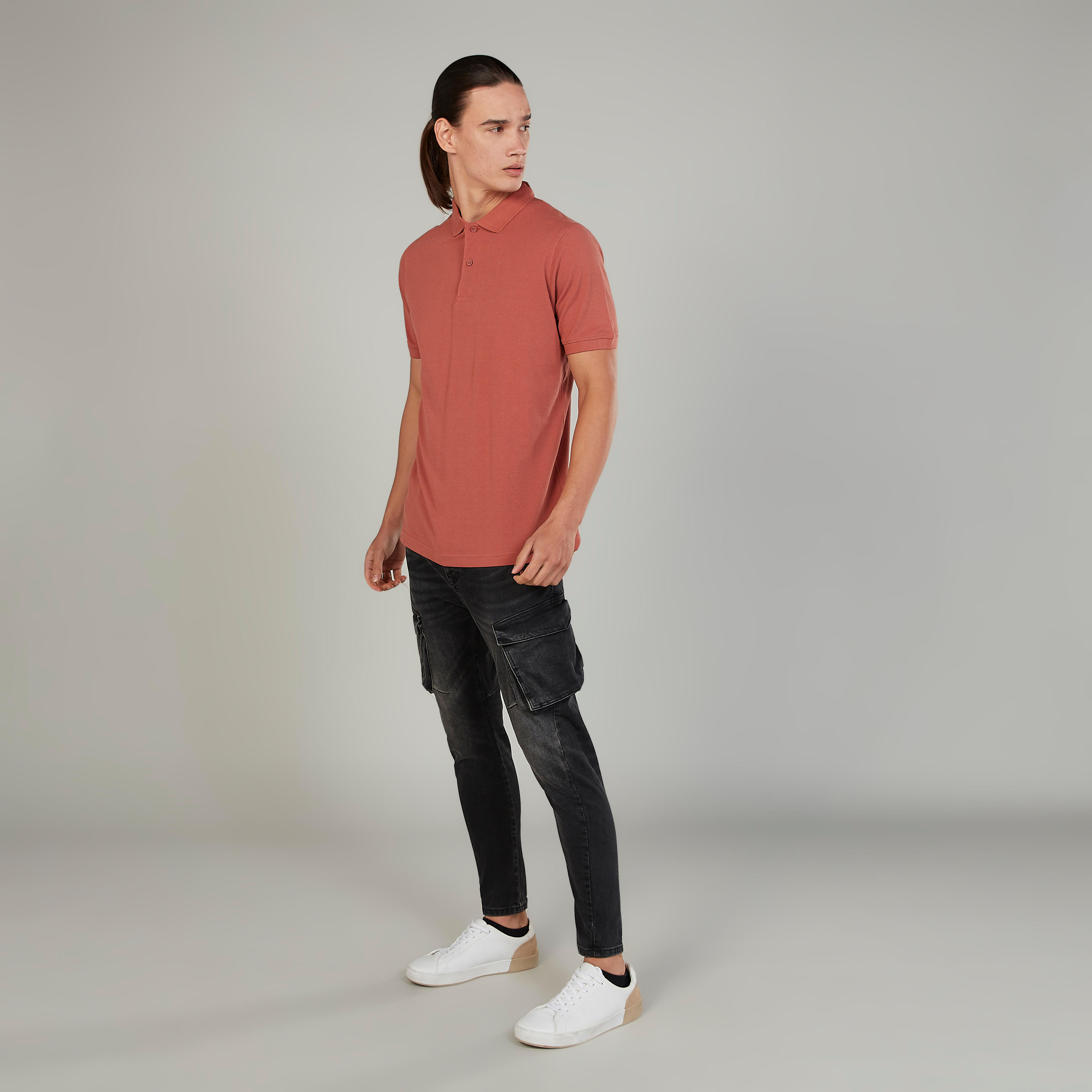 Solid T-shirt with Polo Neck and Short Sleeves-men-clothing-tshirtsandpolos-polos-image-2