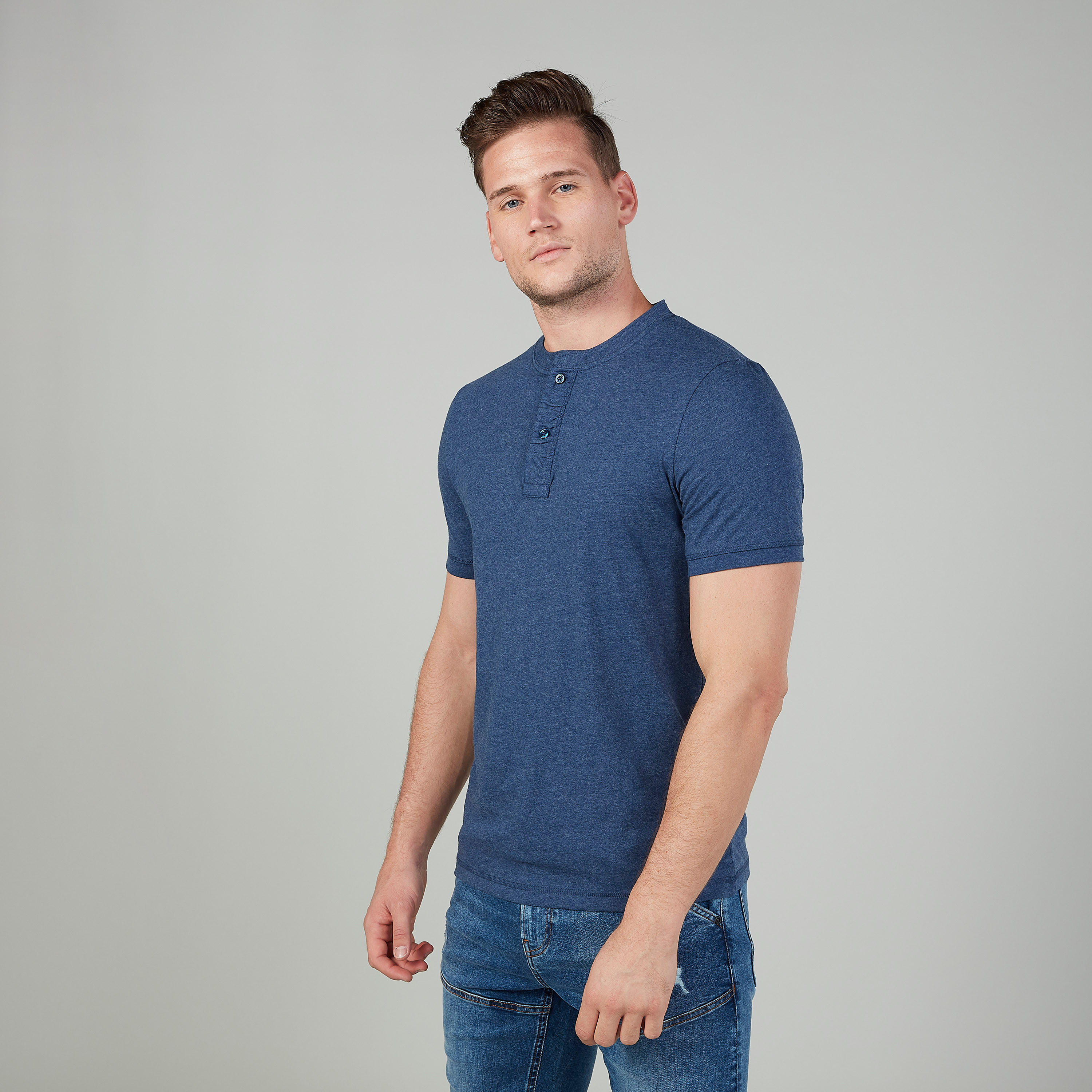 Textured T-shirt with Henley Neck and Short Sleeves-men-clothing-tshirtsandpolos-tshirts-image-1