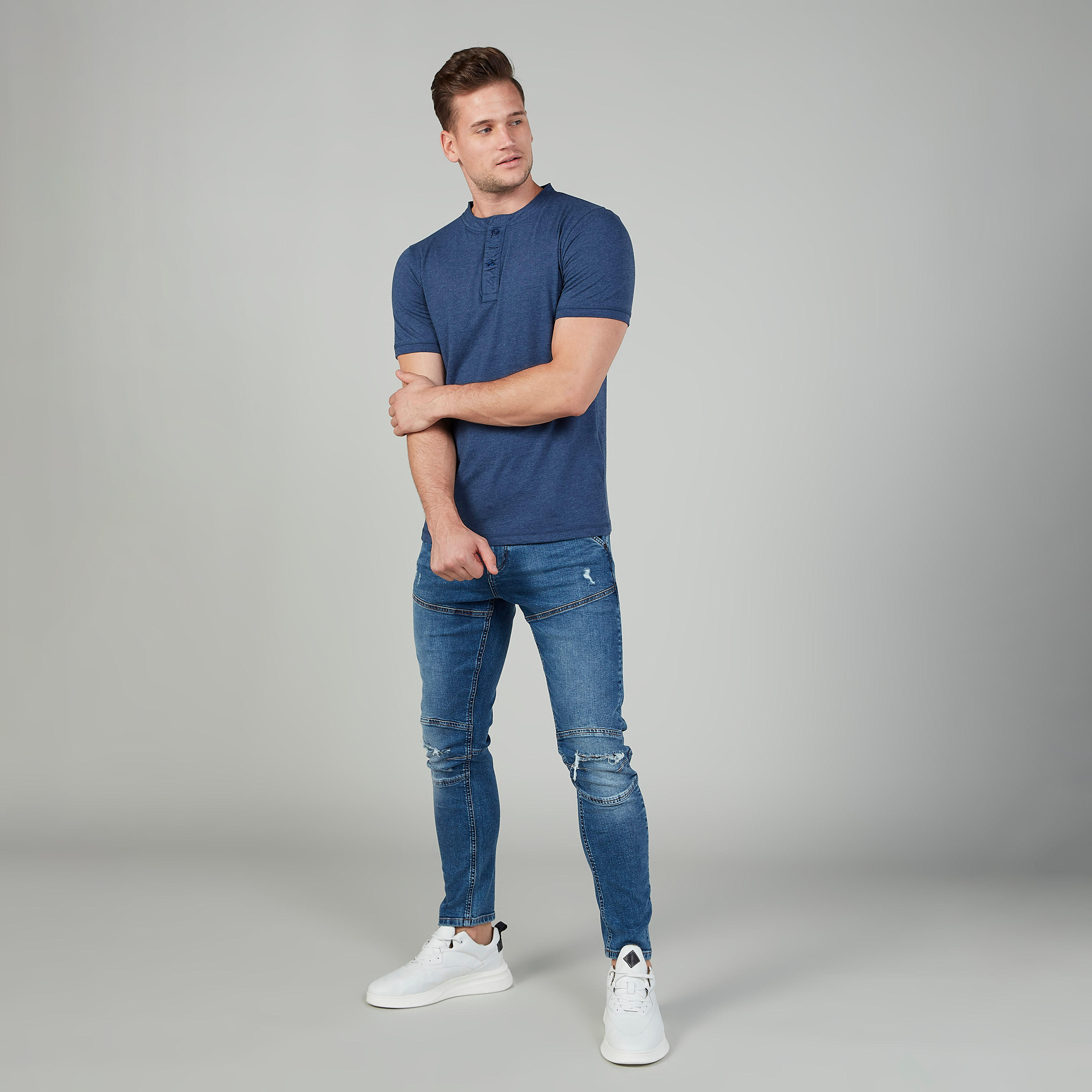 Textured T-shirt with Henley Neck and Short Sleeves-men-clothing-tshirtsandpolos-tshirts-image-2