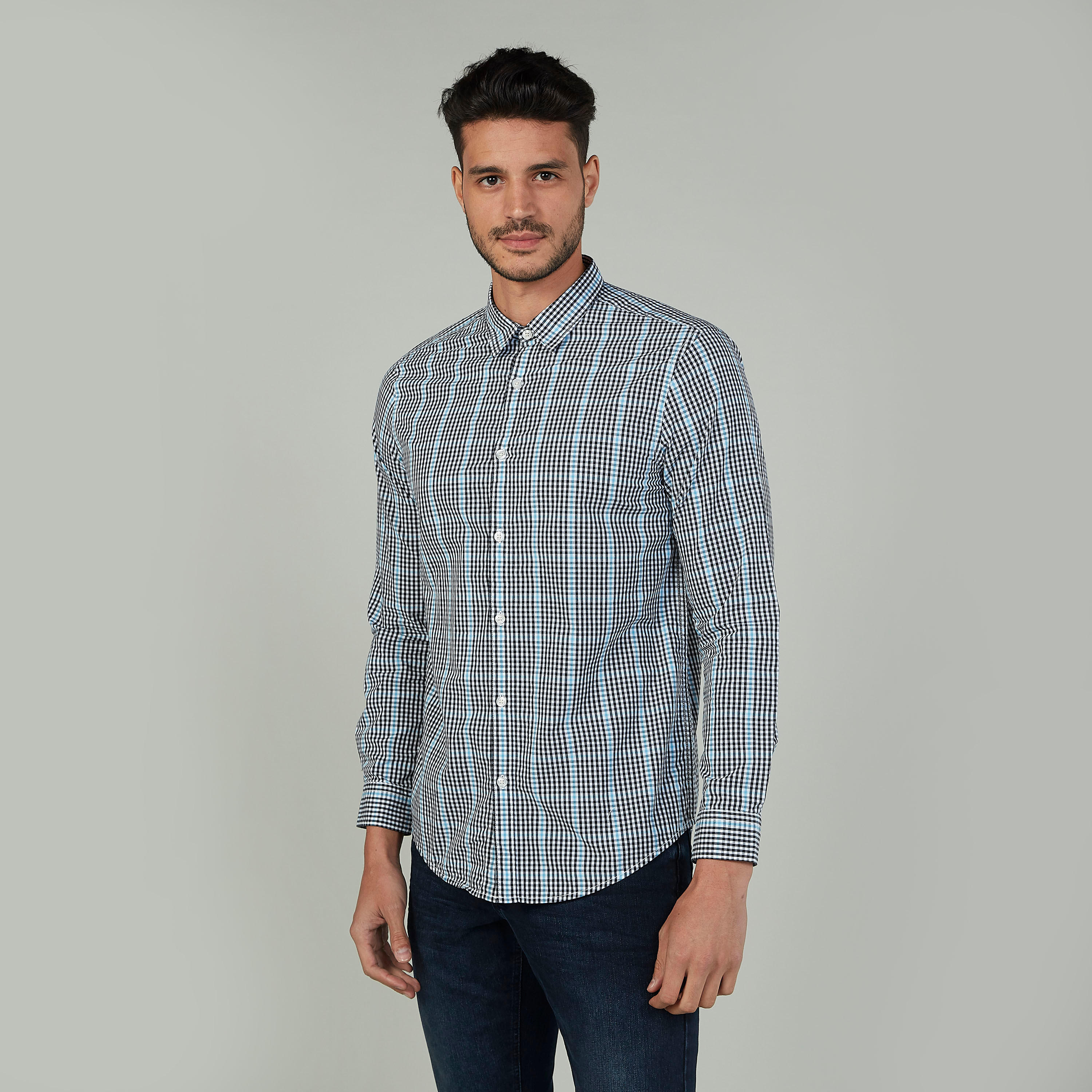 قميص كاروهات بقصّة سليم وياقة عادية وأكمام طويلة-men-clothing-shirts-image-1