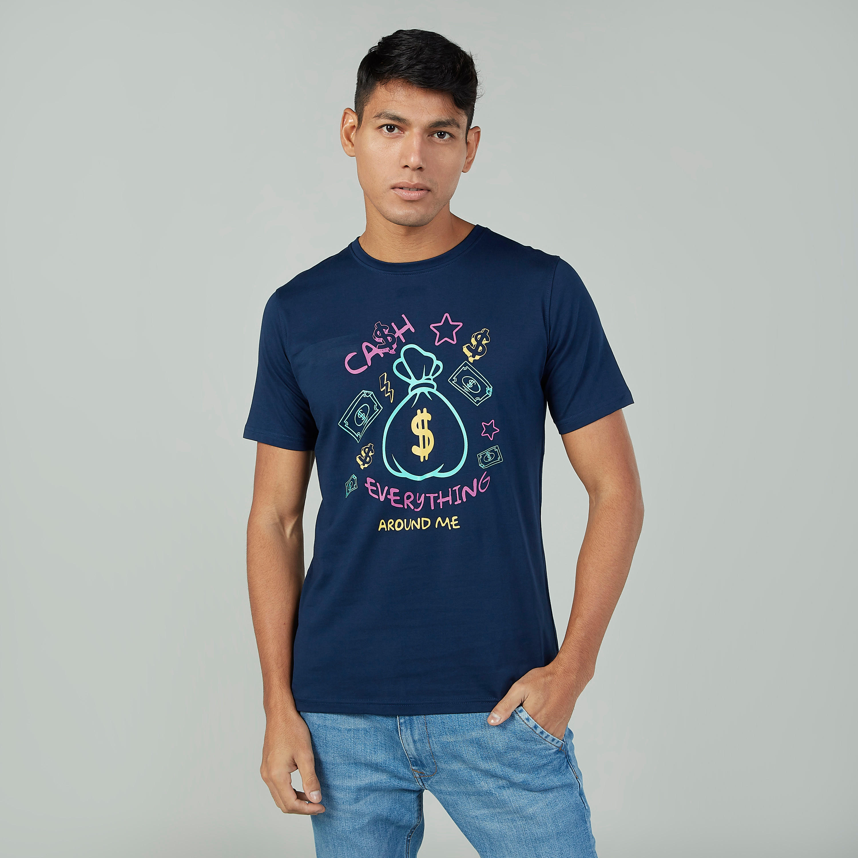 تيشيرت سليم بياقة ضيقة وأكمام قصيرة وطبعات جرافيك-men-clothing-tshirtsandpolos-tshirts-image-1