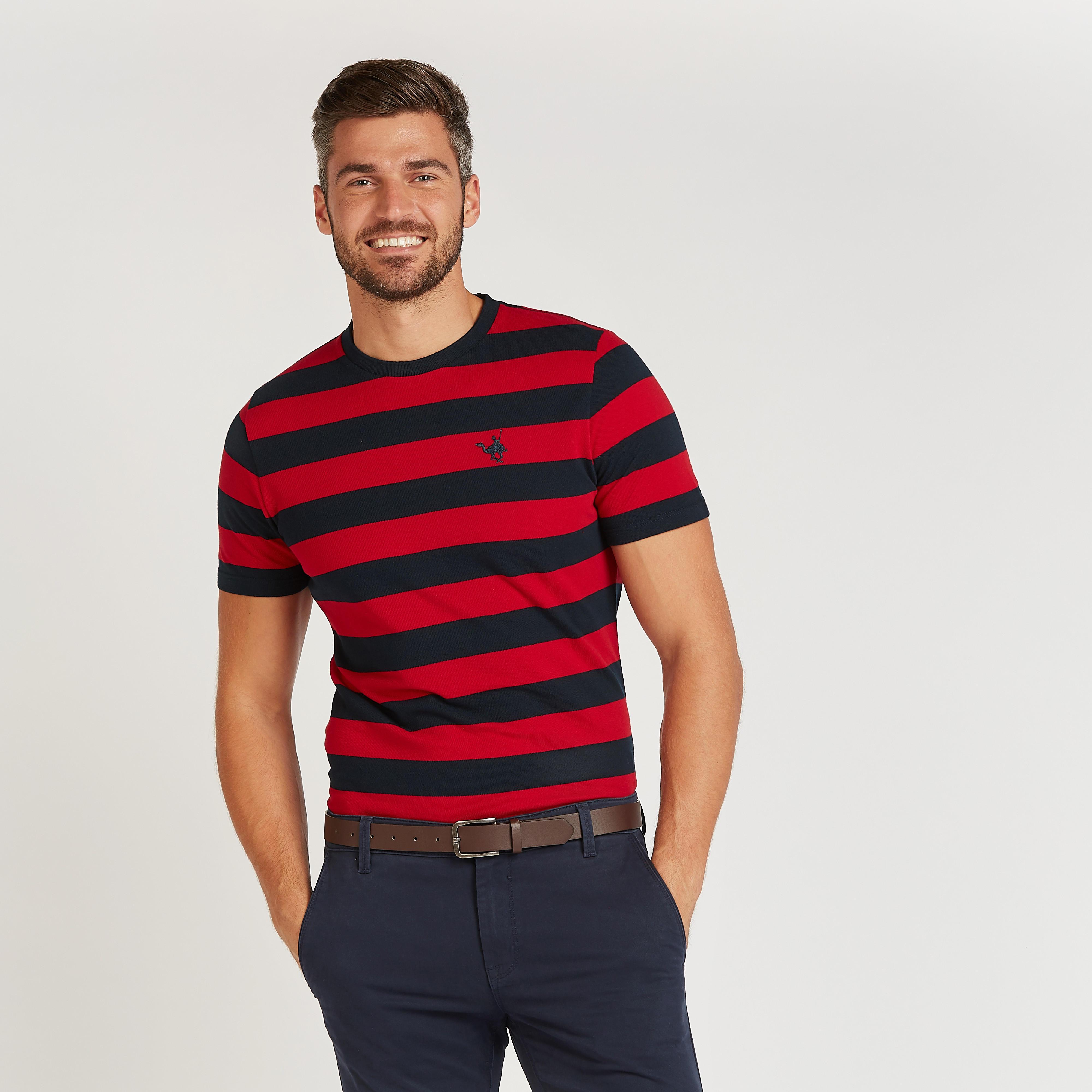 تيشيرت سليم مخطط بياقة ضيّقة وأكمام قصيرة-men-clothing-tshirtsandpolos-tshirts-image-1
