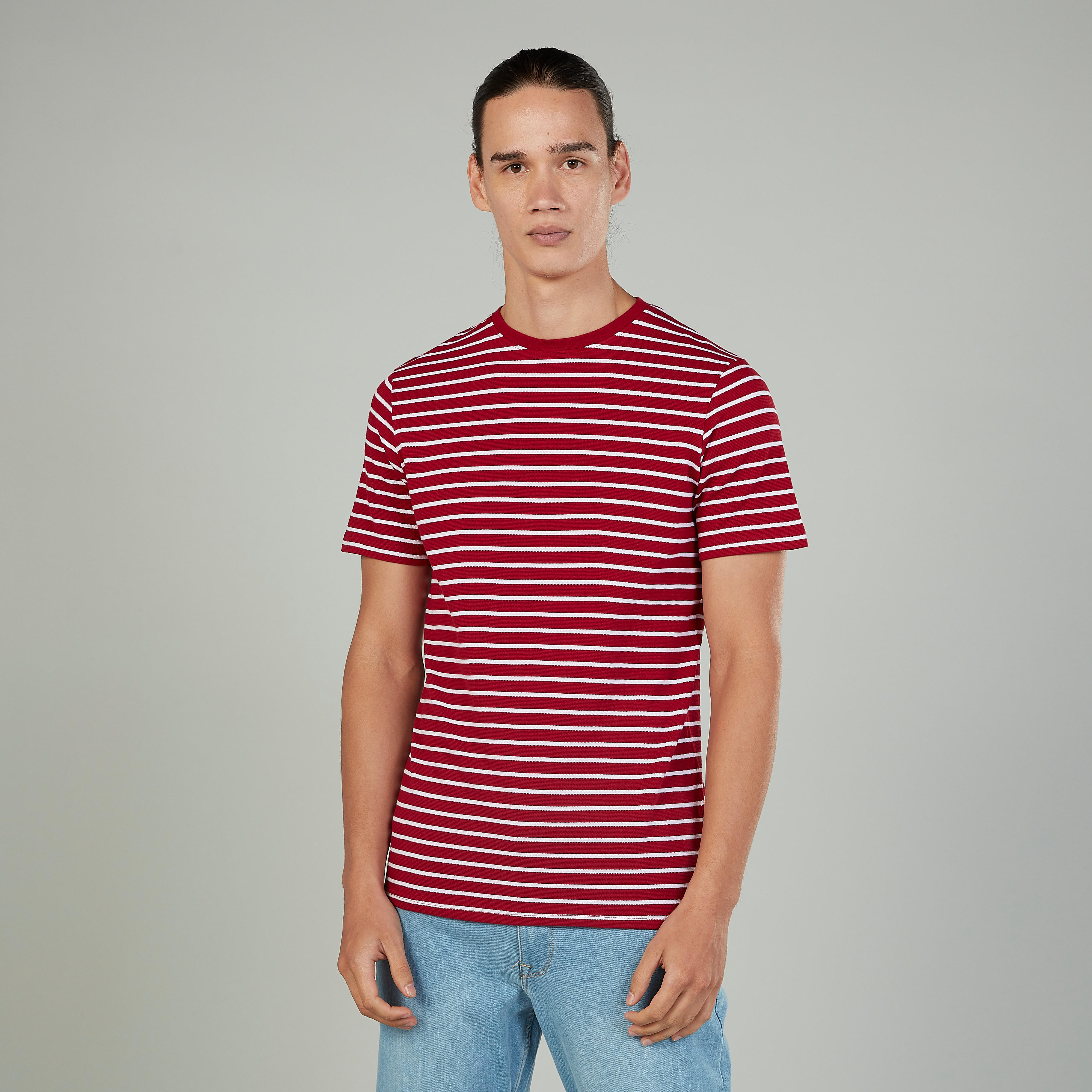 Slim Fit Striped T-shirt with Crew Neck and Short Sleeves-men-clothing-tshirtsandpolos-tshirts-image-1