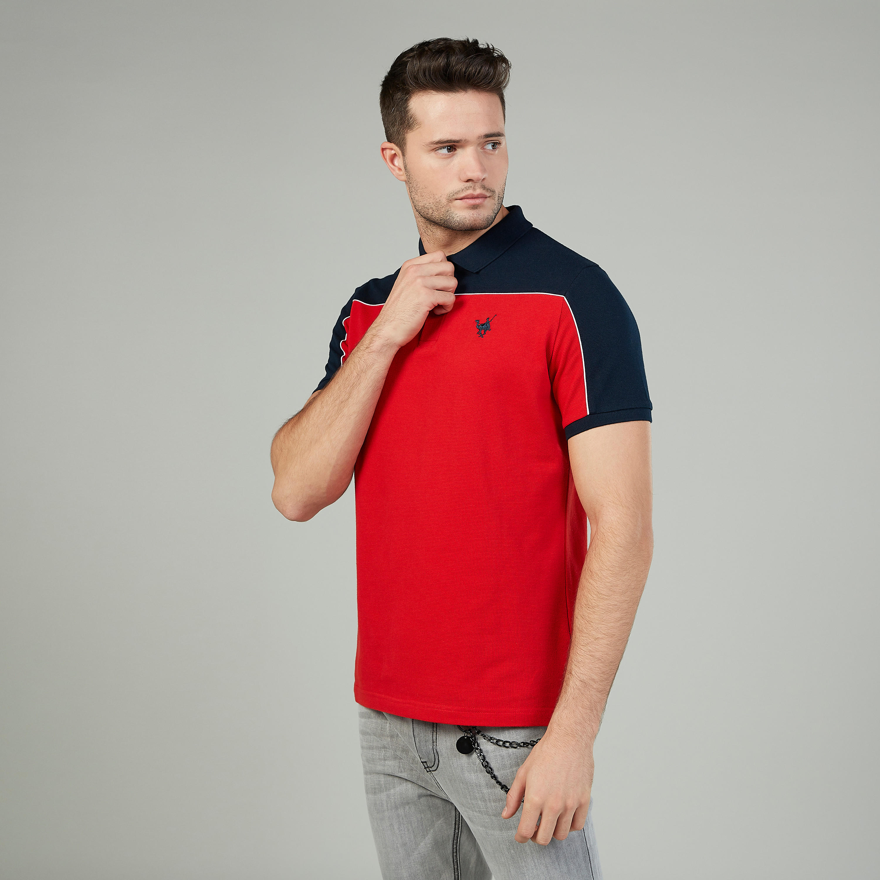 Slim Fit Textured T-shirt with Polo Neck and Short Sleeves-men-clothing-tshirtsandpolos-polos-image-1