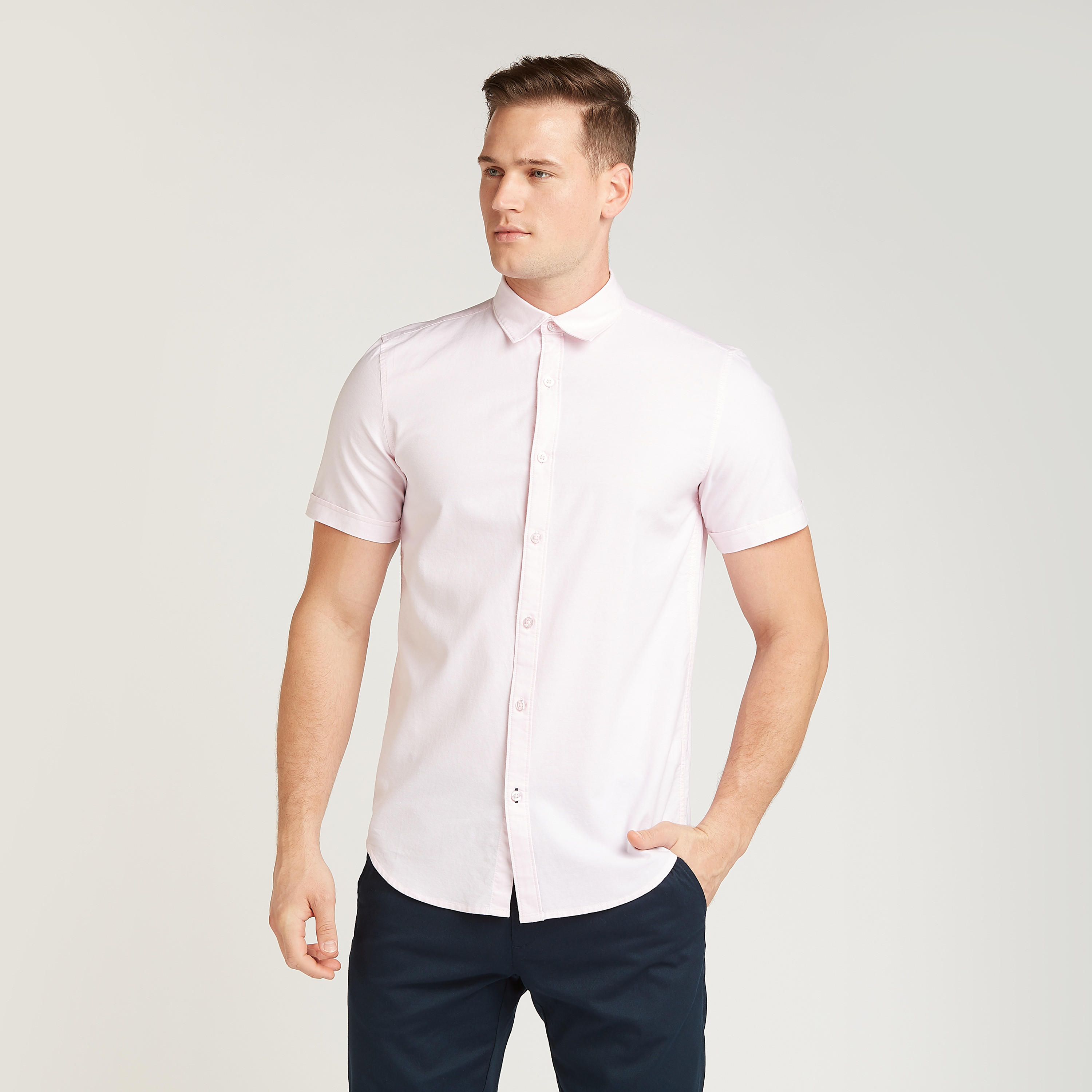 Solid Shirt with Short Sleeves and Spread Collar-men-clothing-shirts-image-1