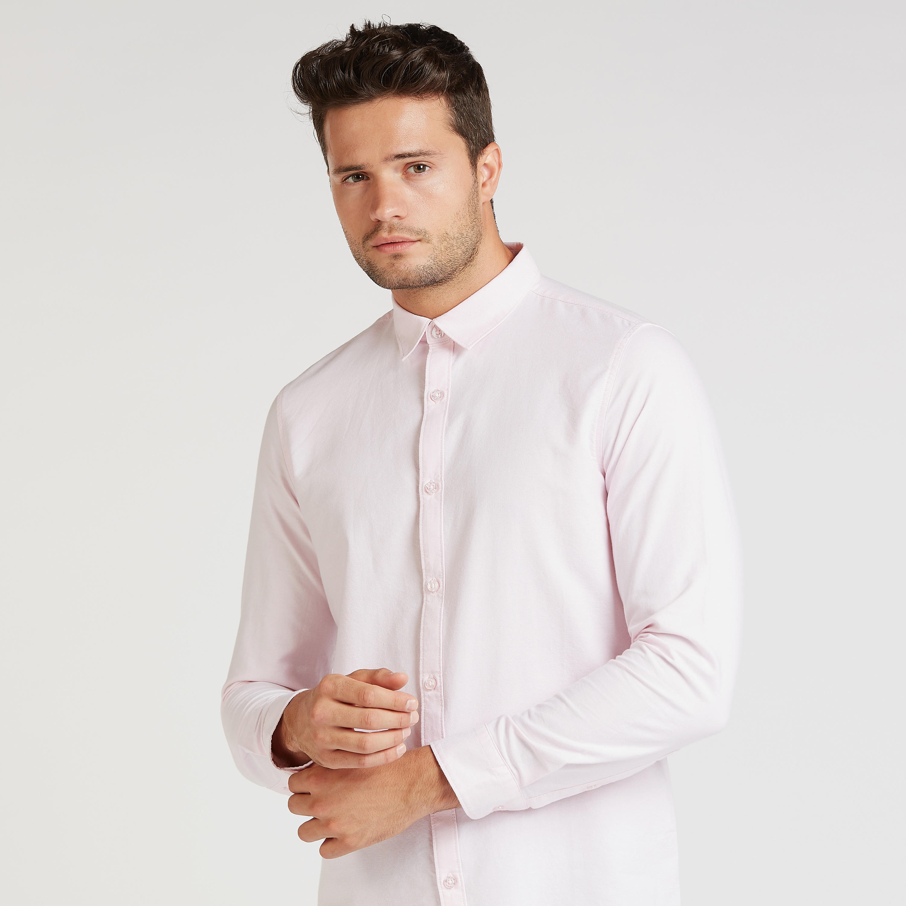Slim Fit Solid Shirt with Long Sleeves and Spread Collar-men-clothing-shirts-image-3