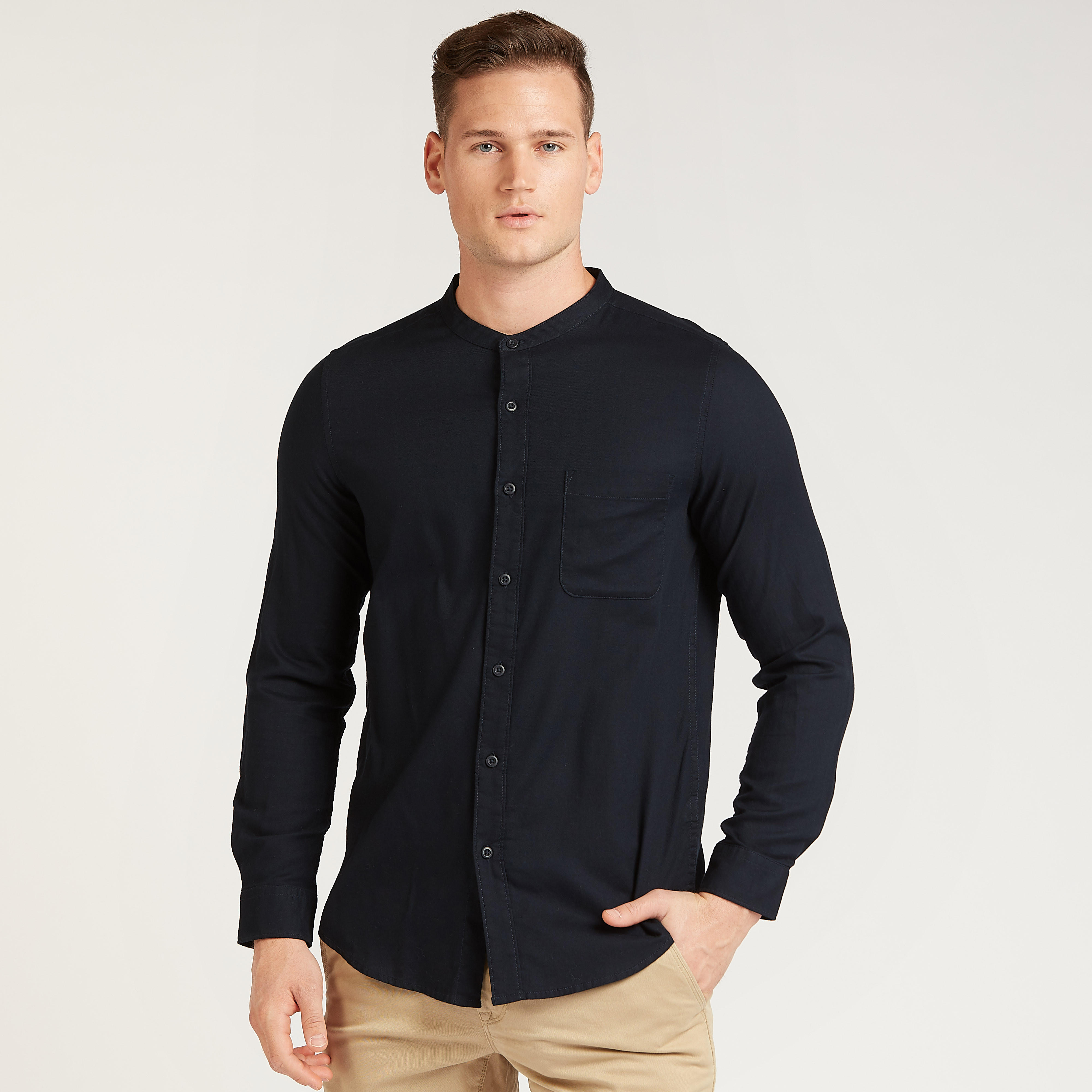 قميص سادة بياقة ماندارين وأكمام طويلة-men-clothing-shirts-image-5