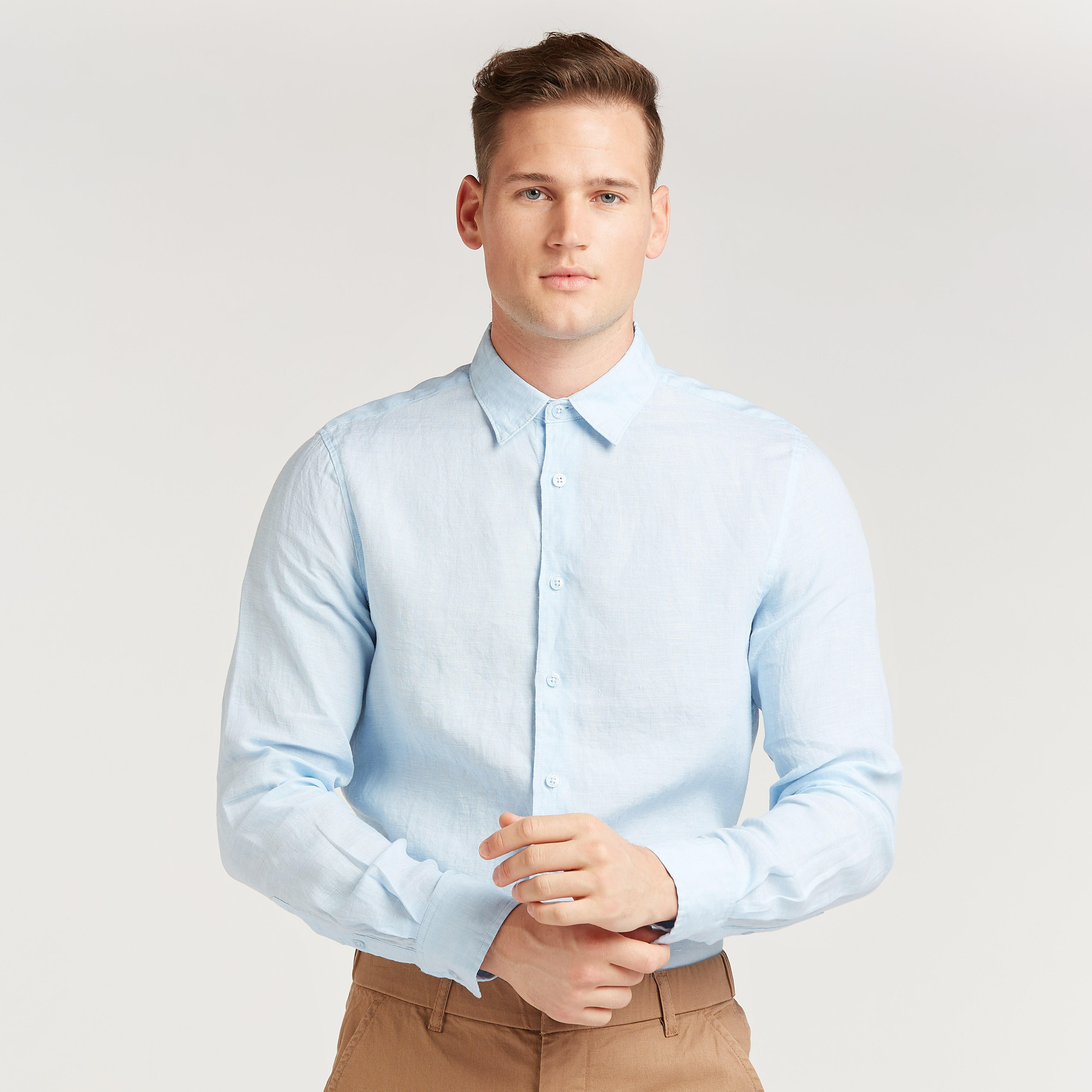 قميص كتّان سليم فيت بارز الملمس بياقة عاديّة وأكمام طويلة-men-clothing-shirts-image-1