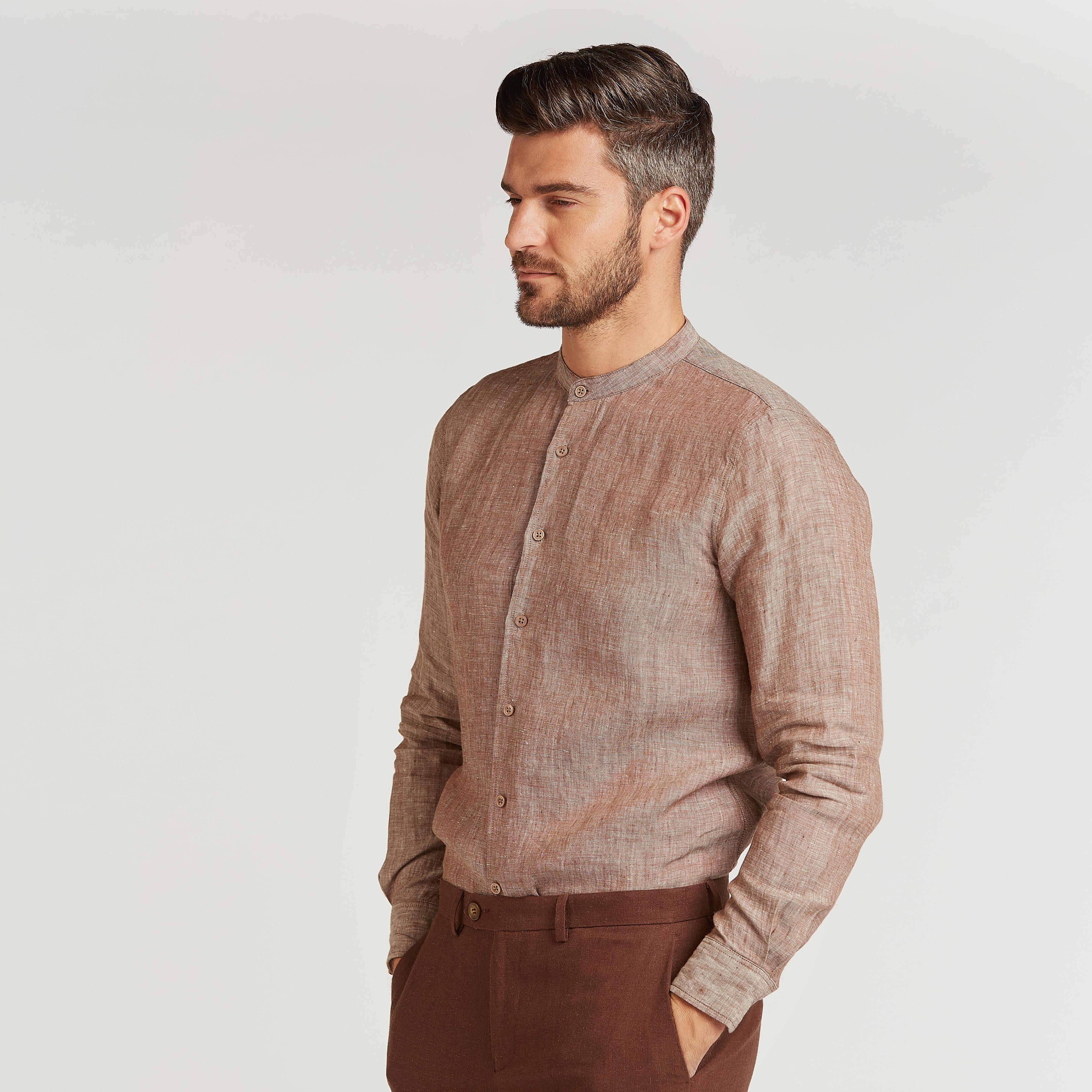 قميص كتّان سليم فيت بارز الملمس بياقة ماندارين وأكمام طويلة-men-clothing-shirts-image-1