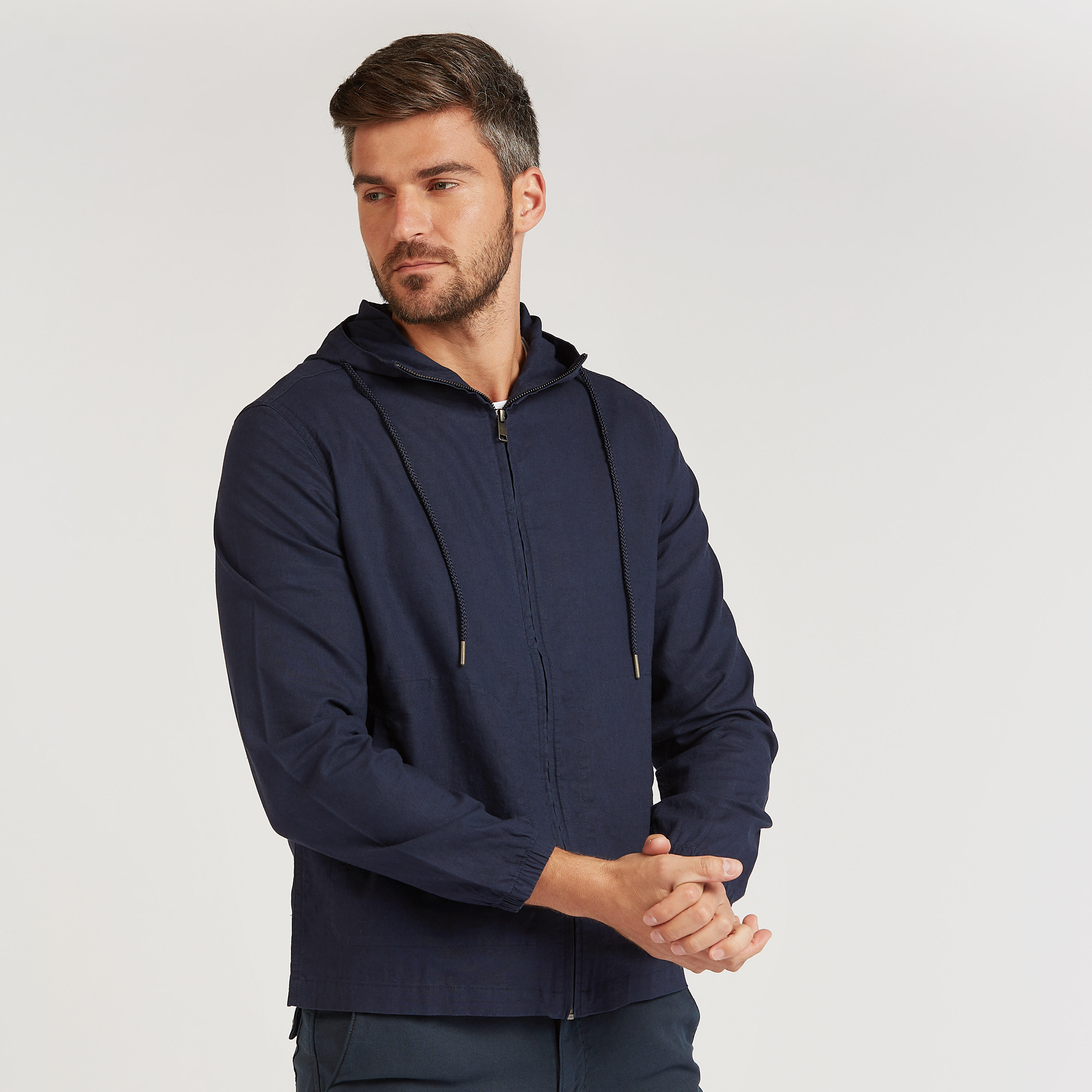 Slim Fit Solid Linen Jacket with Long Sleeves and Hood -men-clothing-jacketsandblazers-jackets-image-5