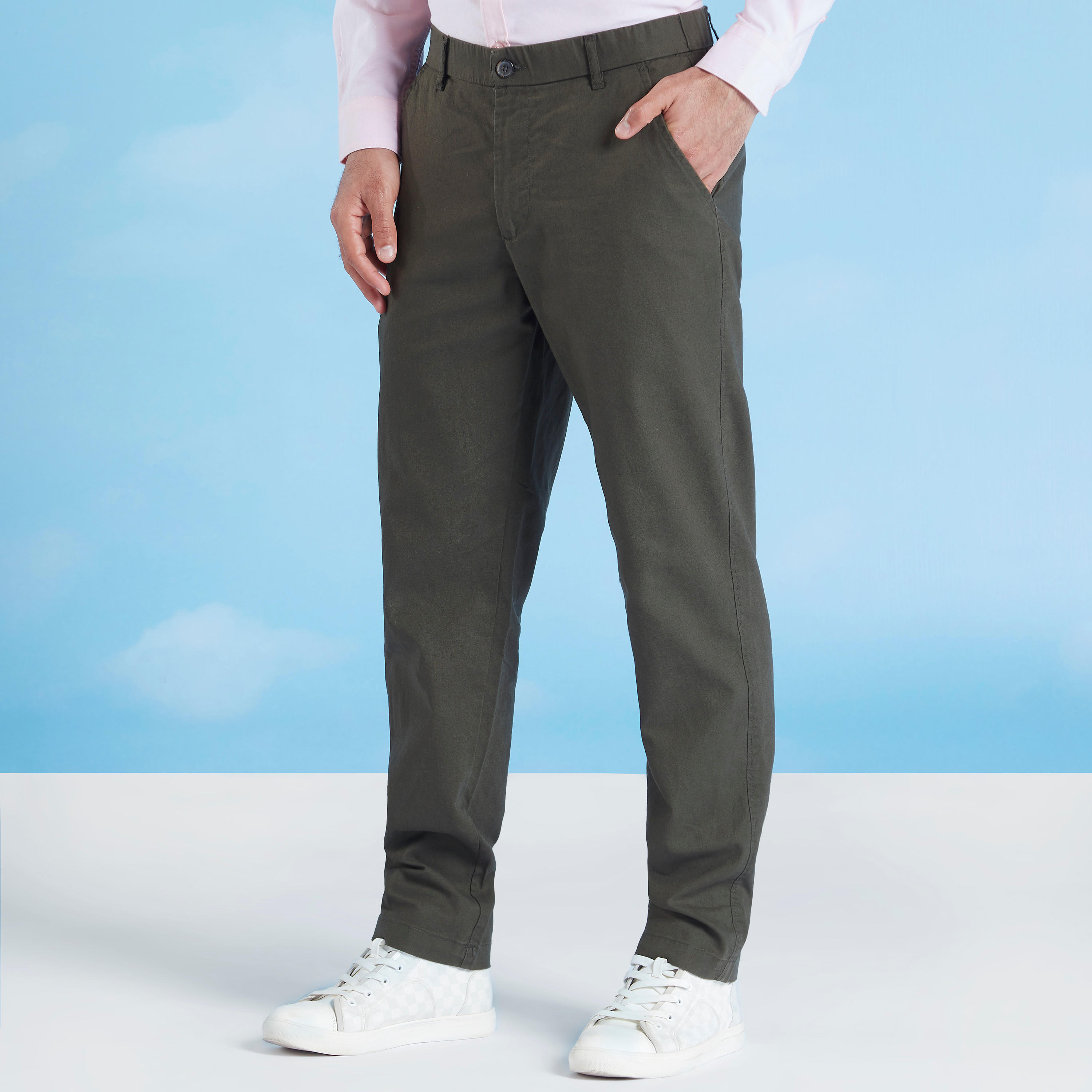 بنطلون شينو كتّان سليم فيت بجيوب وعراوي-men-clothing-bottoms-trousersandchinos-trousers-image-1