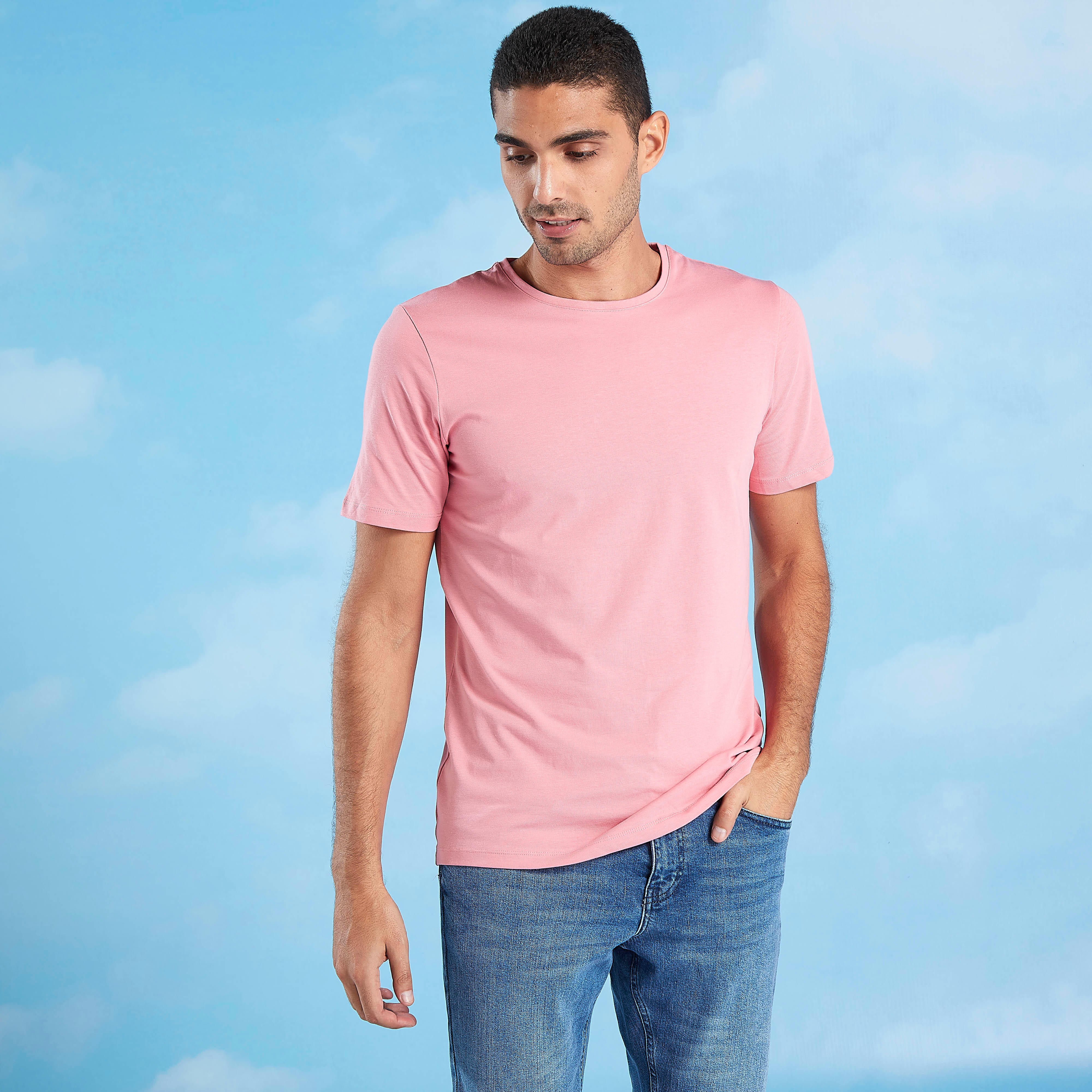 Solid T-shirt with Crew Neck and Short Sleeves-men-clothing-tshirtsandpolos-tshirts-image-6