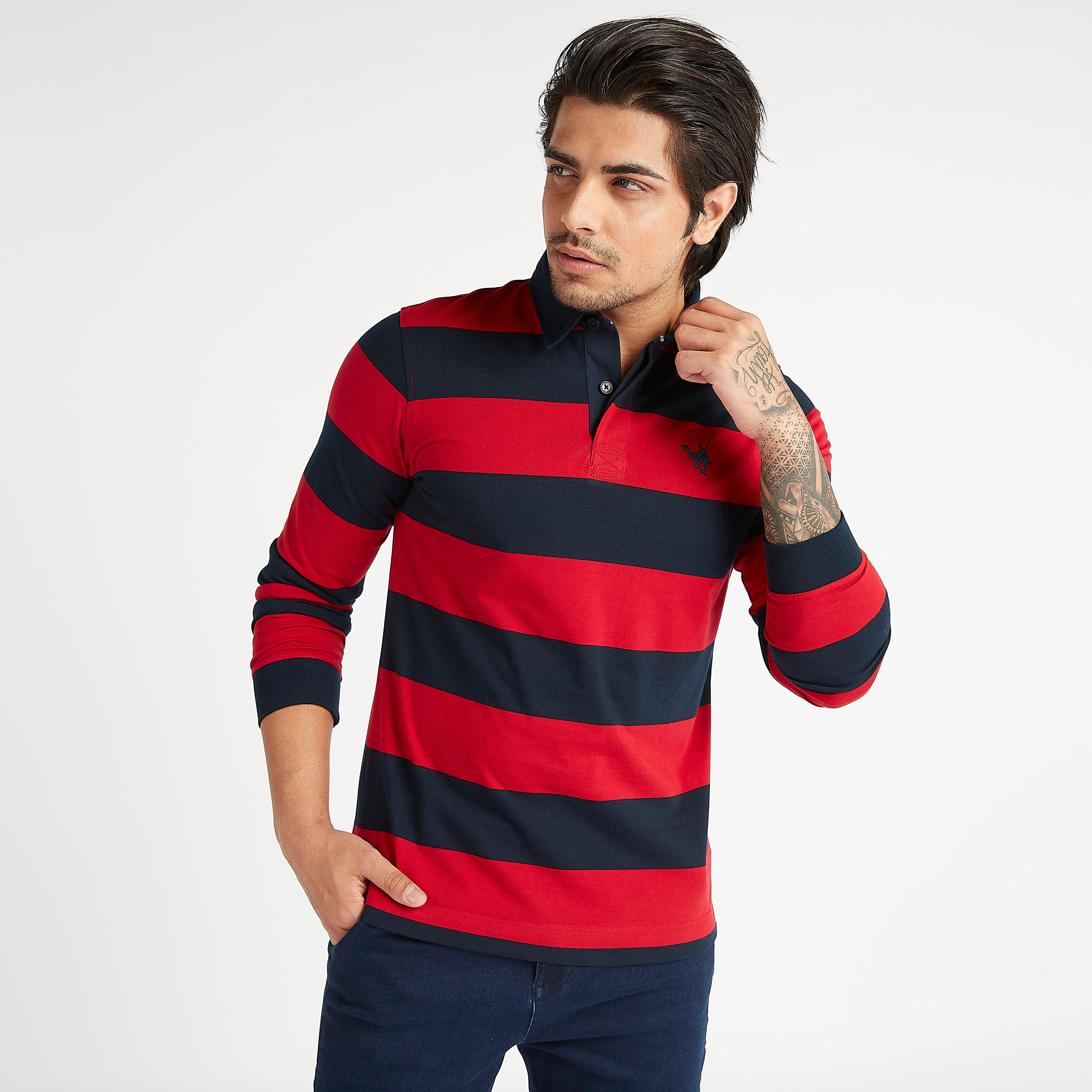 تيشيرت بولو مخطّط بياقة عادية وأكمام طويلة-men-clothing-tshirtsandpolos-polos-image-1