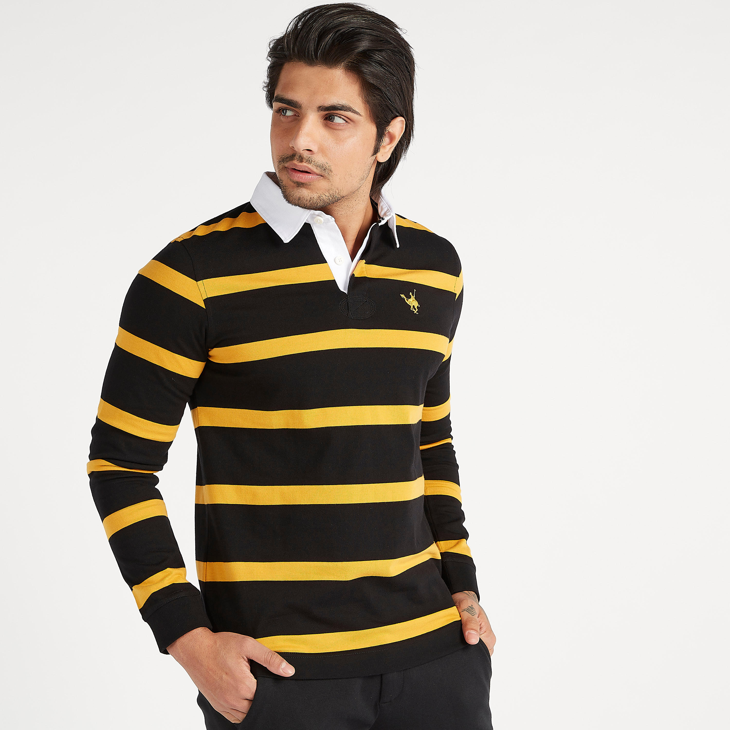 تيشيرت بولو مخطّط بأكمام طويلة وزر إغلاق-men-clothing-tshirtsandpolos-polos-image-1