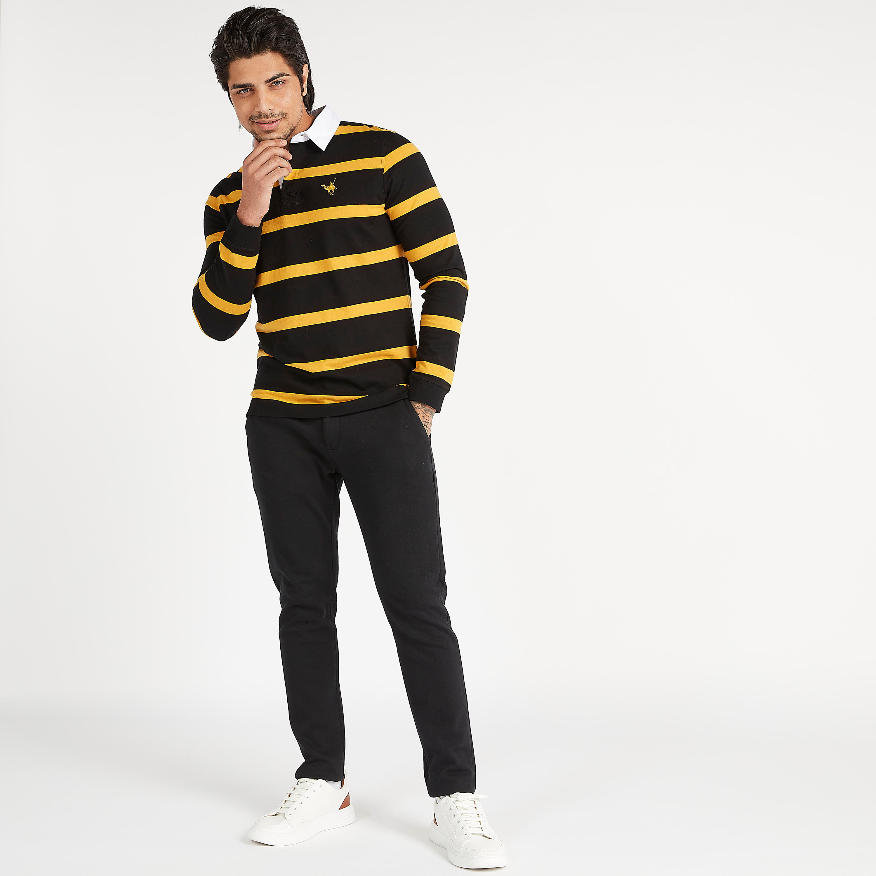 تيشيرت بولو مخطّط بأكمام طويلة وزر إغلاق-men-clothing-tshirtsandpolos-polos-image-2
