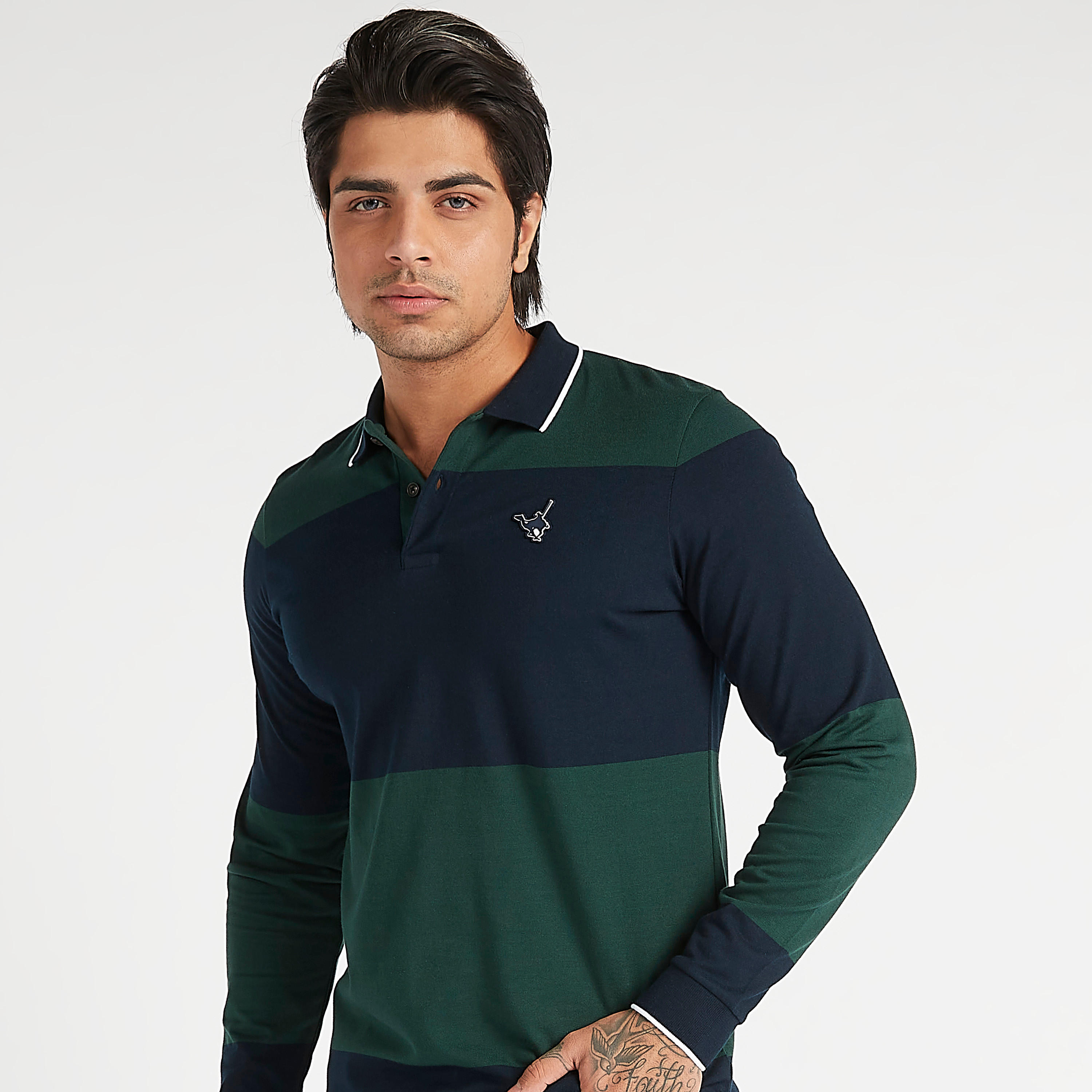 تيشيرت بولو مستدام مخطّط بأكمام طويلة وزر إغلاق-men-clothing-tshirtsandpolos-polos-image-1