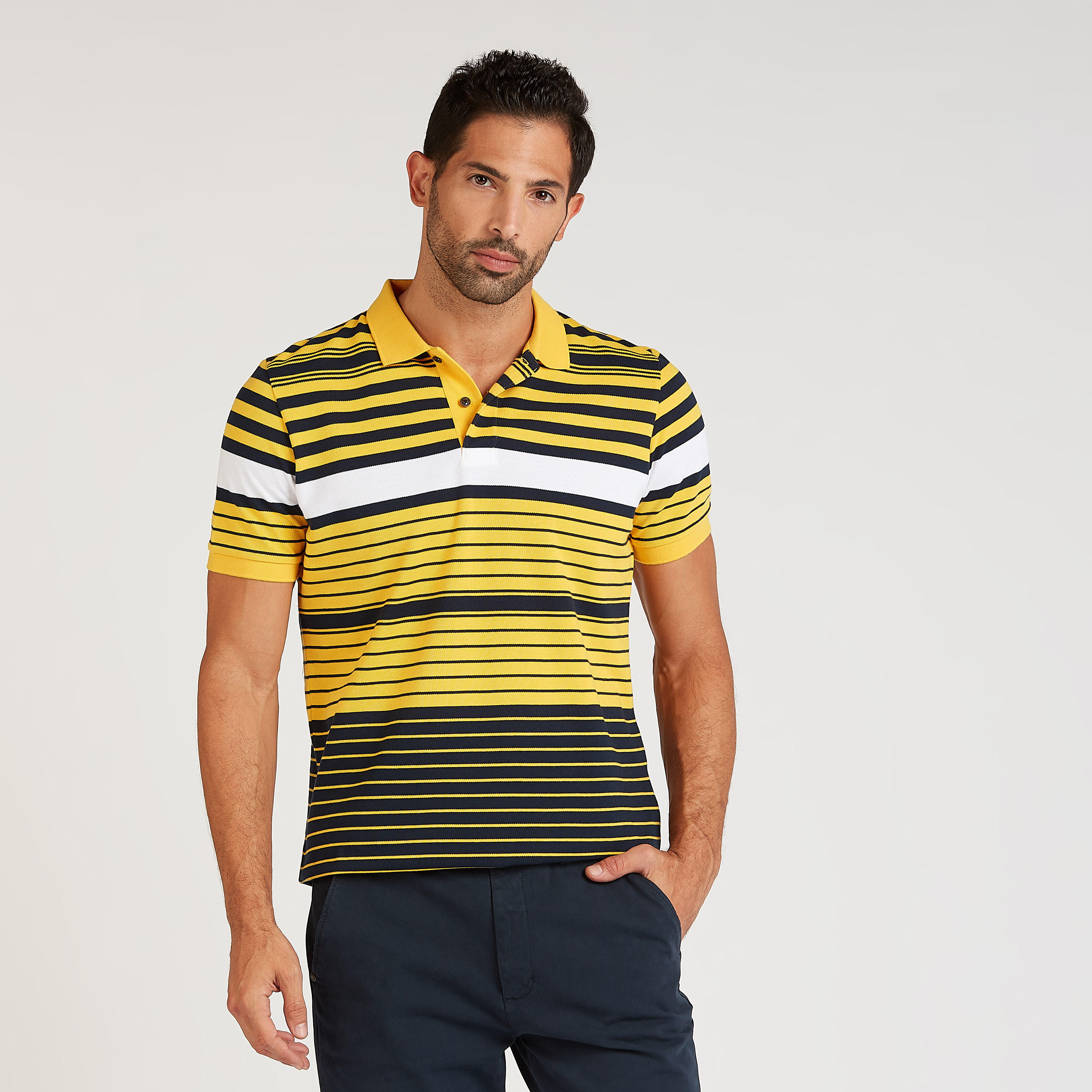 تيشيرت بولو مخطّط بياقة عادية مضلّعة وأكمام قصيرة-men-clothing-tshirtsandpolos-polos-image-1