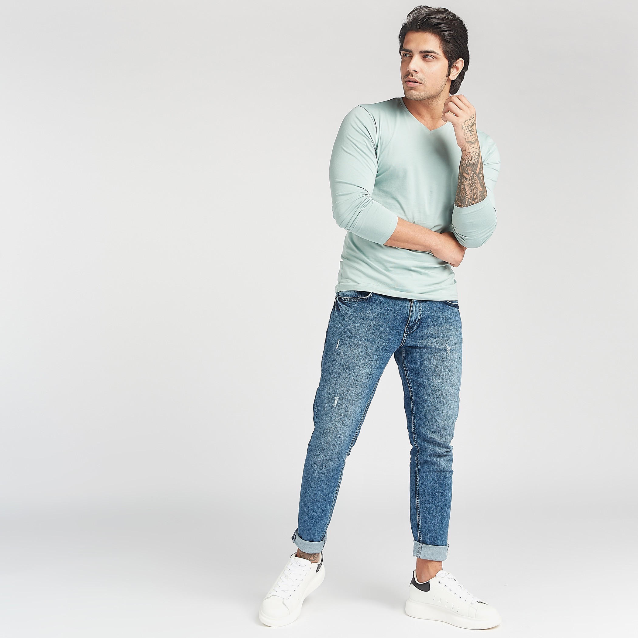 Solid V-neck T-shirt with Long Sleeves-men-clothing-tshirtsandpolos-tshirts-image-2