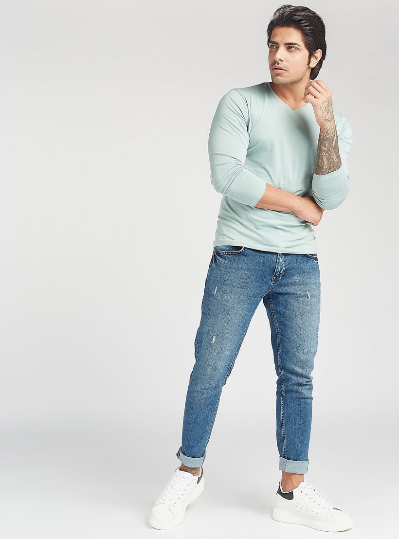 Solid V-neck T-shirt with Long Sleeves-men-clothing-tshirtsandpolos-tshirts-image-2