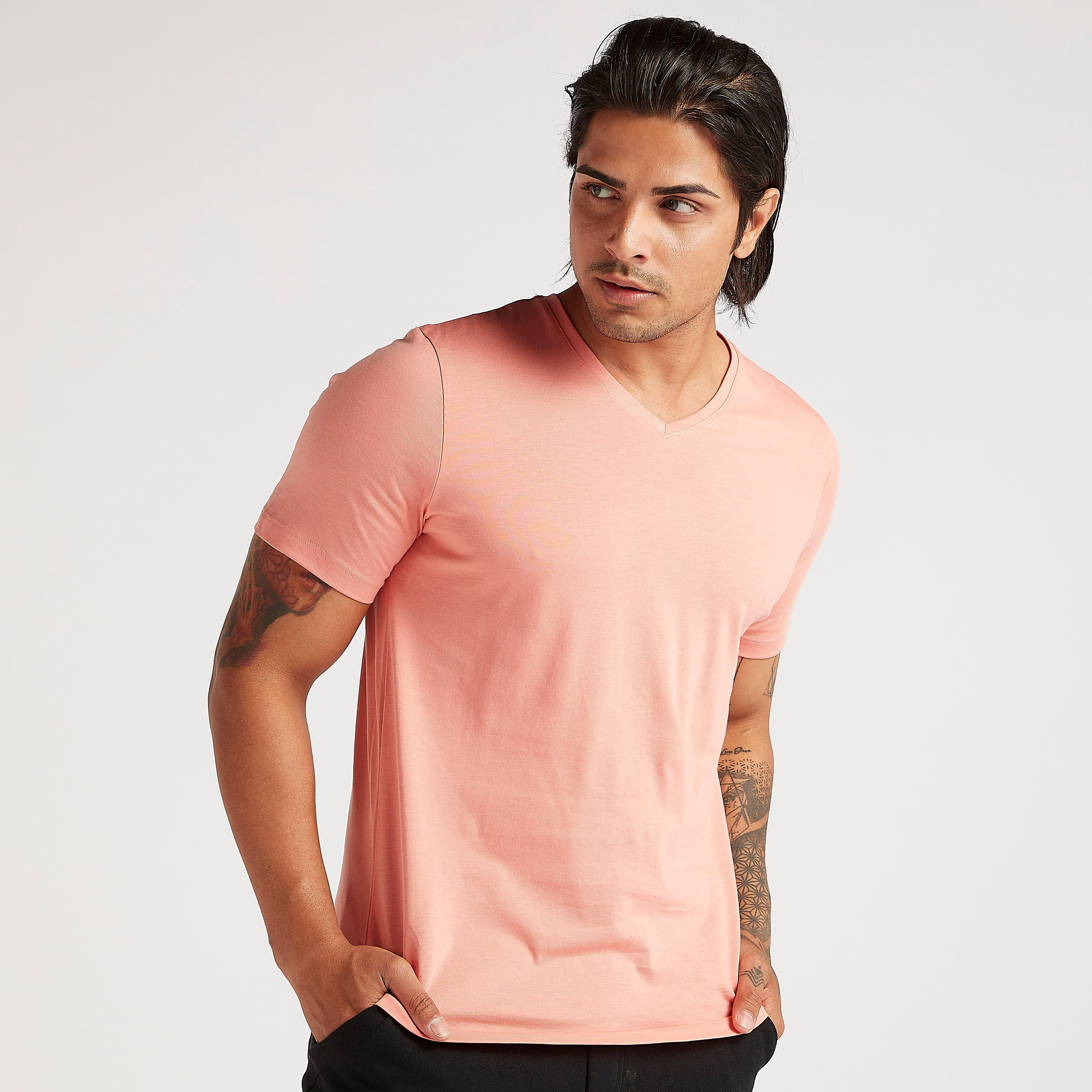 Solid V-neck T-shirt with Short Sleeves-men-clothing-tshirtsandpolos-tshirts-image-1