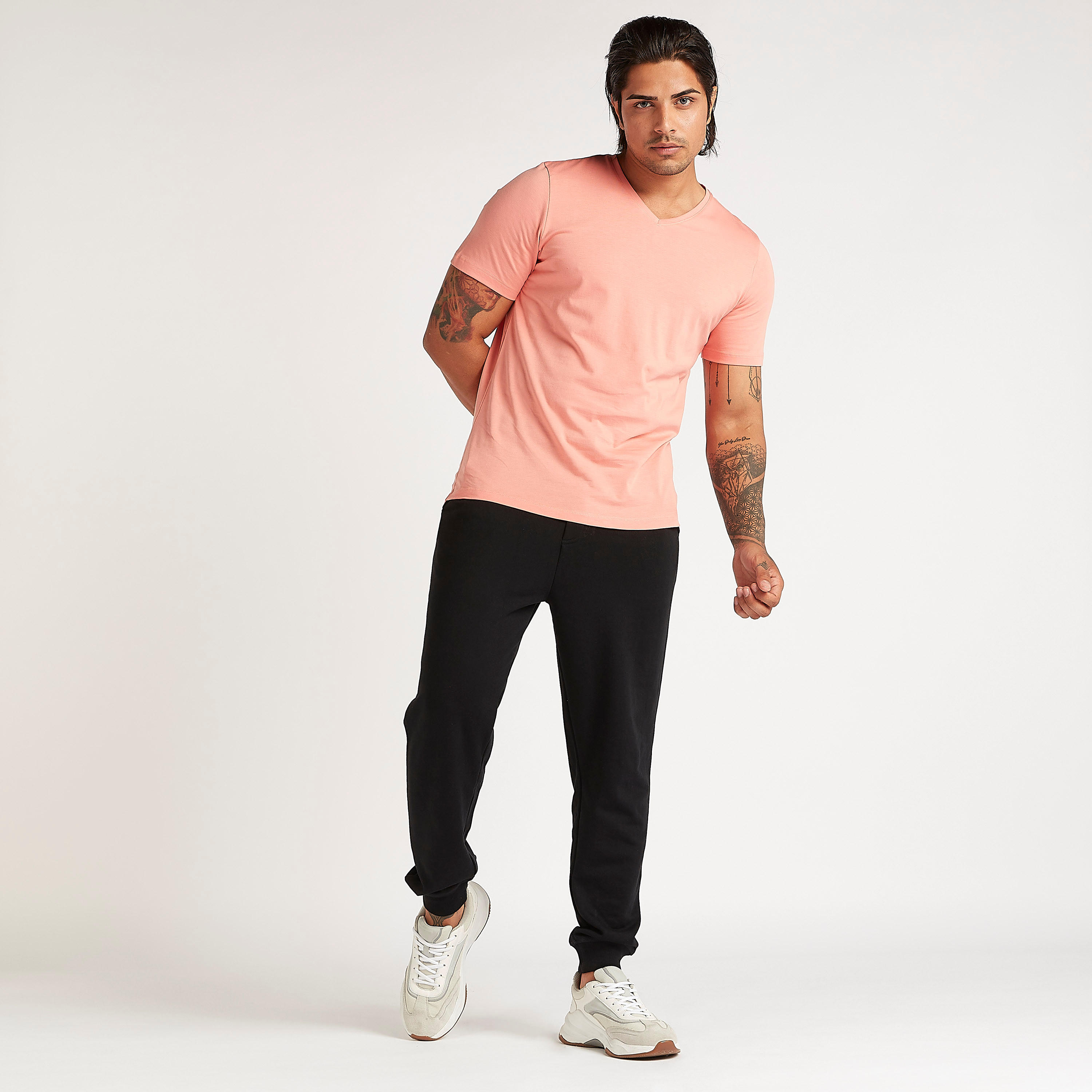 Solid V-neck T-shirt with Short Sleeves-men-clothing-tshirtsandpolos-tshirts-image-2
