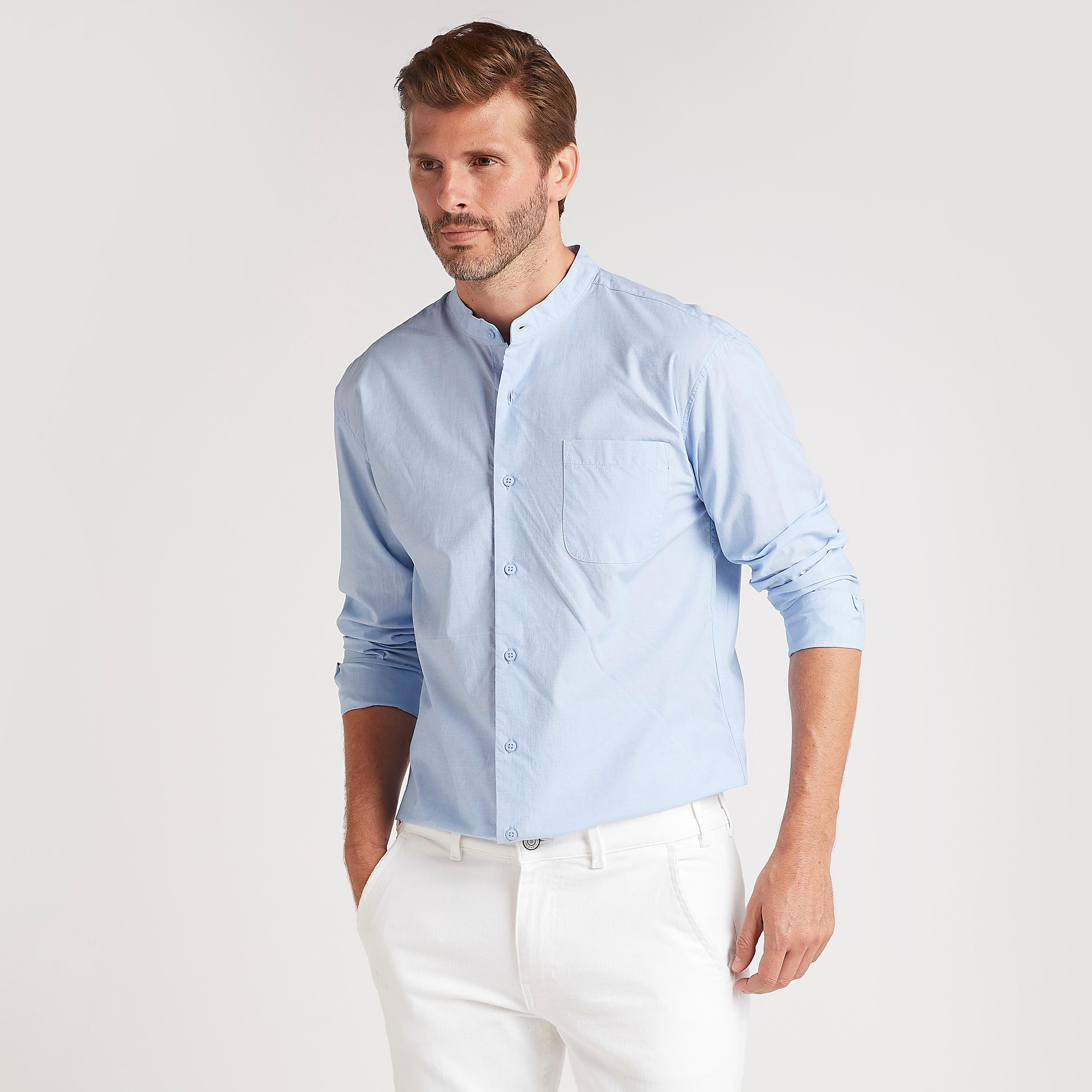 قميص بارز الملمس بياقة ماندارين وأكمام طويلة-men-clothing-shirts-image-1